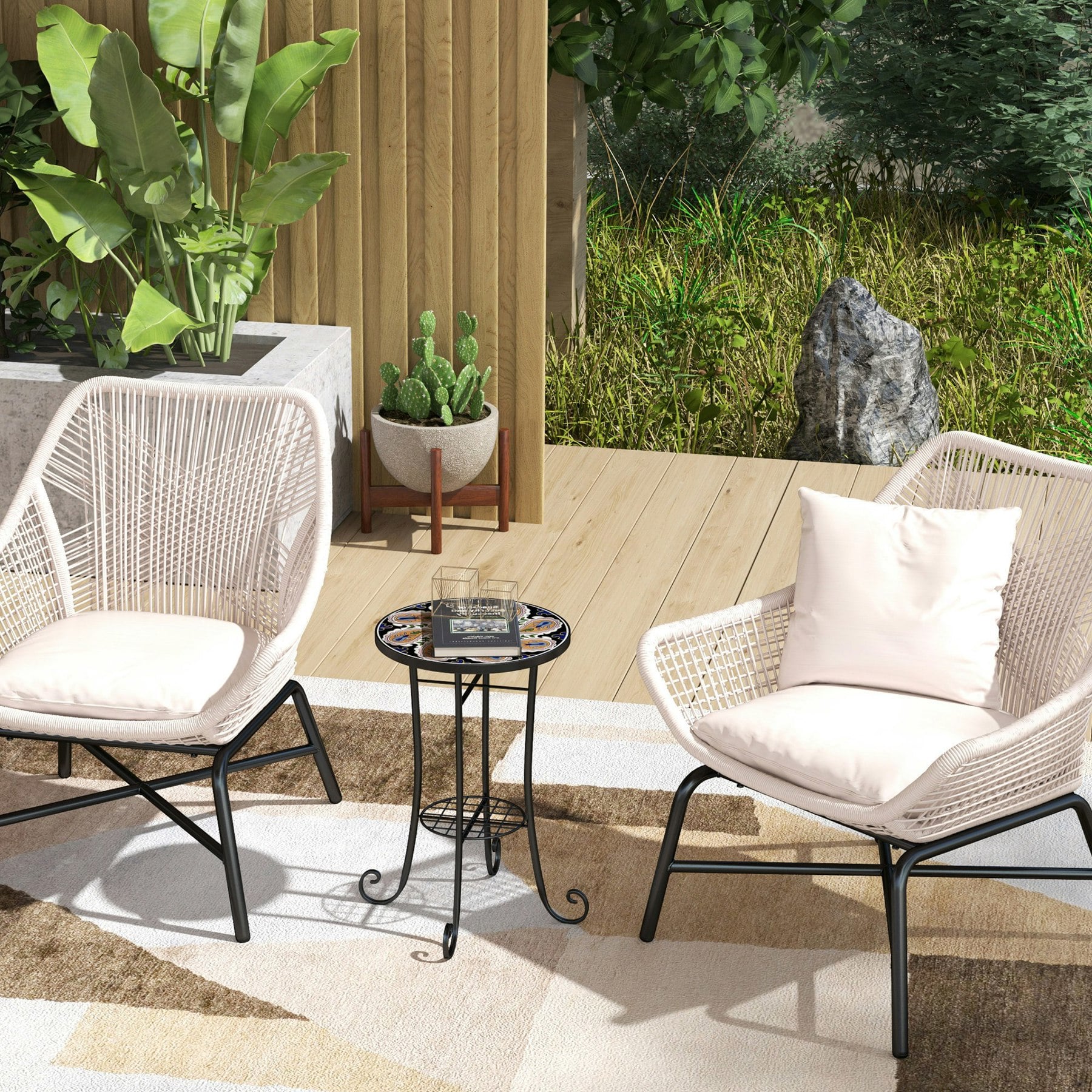 Outsunny Orange 35.5Cm Round Mosaic Garden Side Table Plant Stand W/ Shelf, - Metal, Ceramic Tile - Φ35.5 X 54.5H Cm