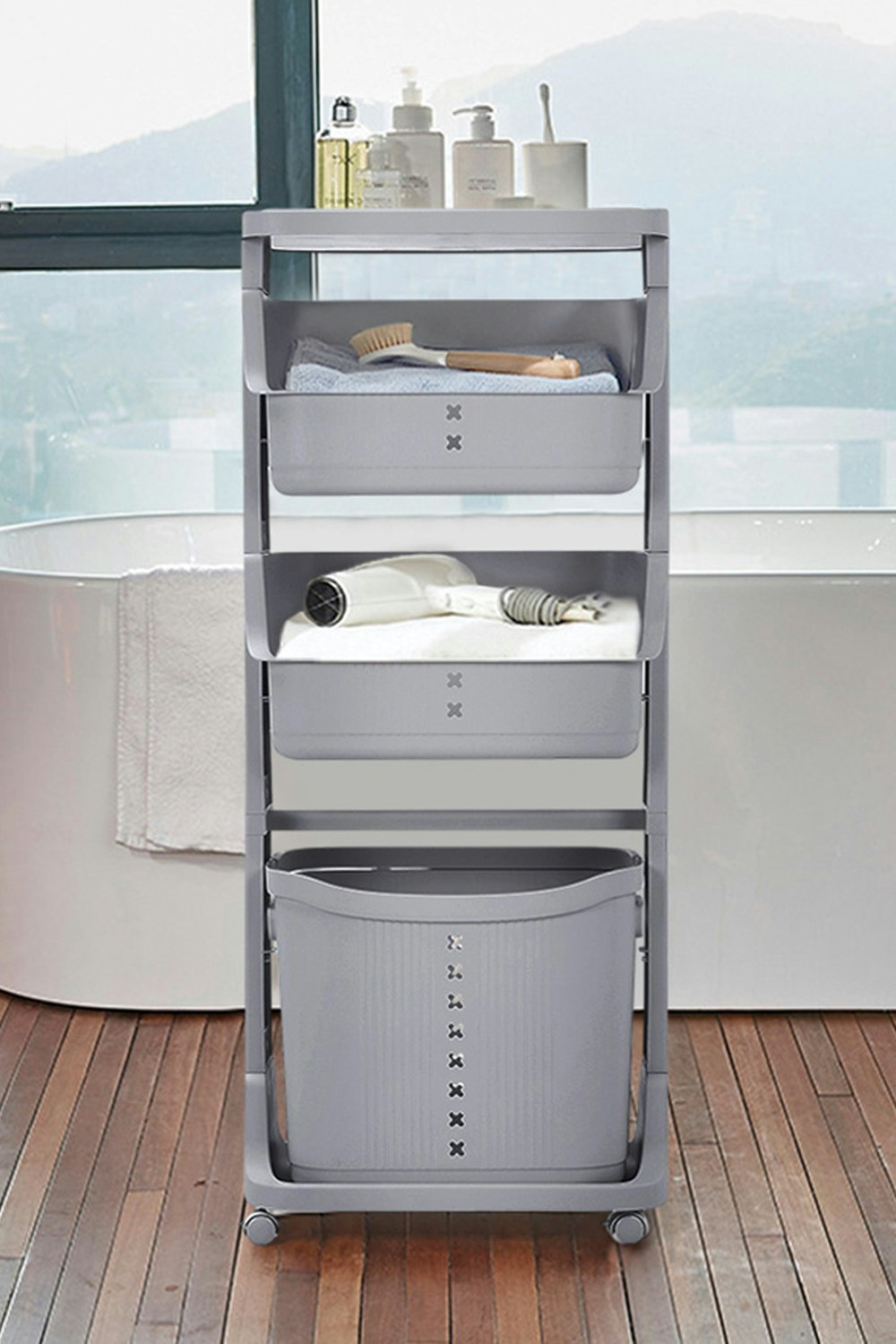 Rackhams Grey 4-Tier Detachable Kitchen Trolley Cart Fruits Vegetables Organizer Storage Rack Laundry Basket With Wheels