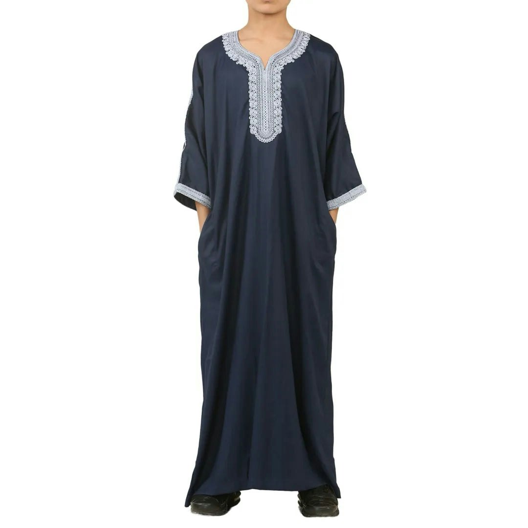 Thobez Boys Blue Hm61 - Moroccan Thobe Short Sleeve Embroidery Gandoura - 38