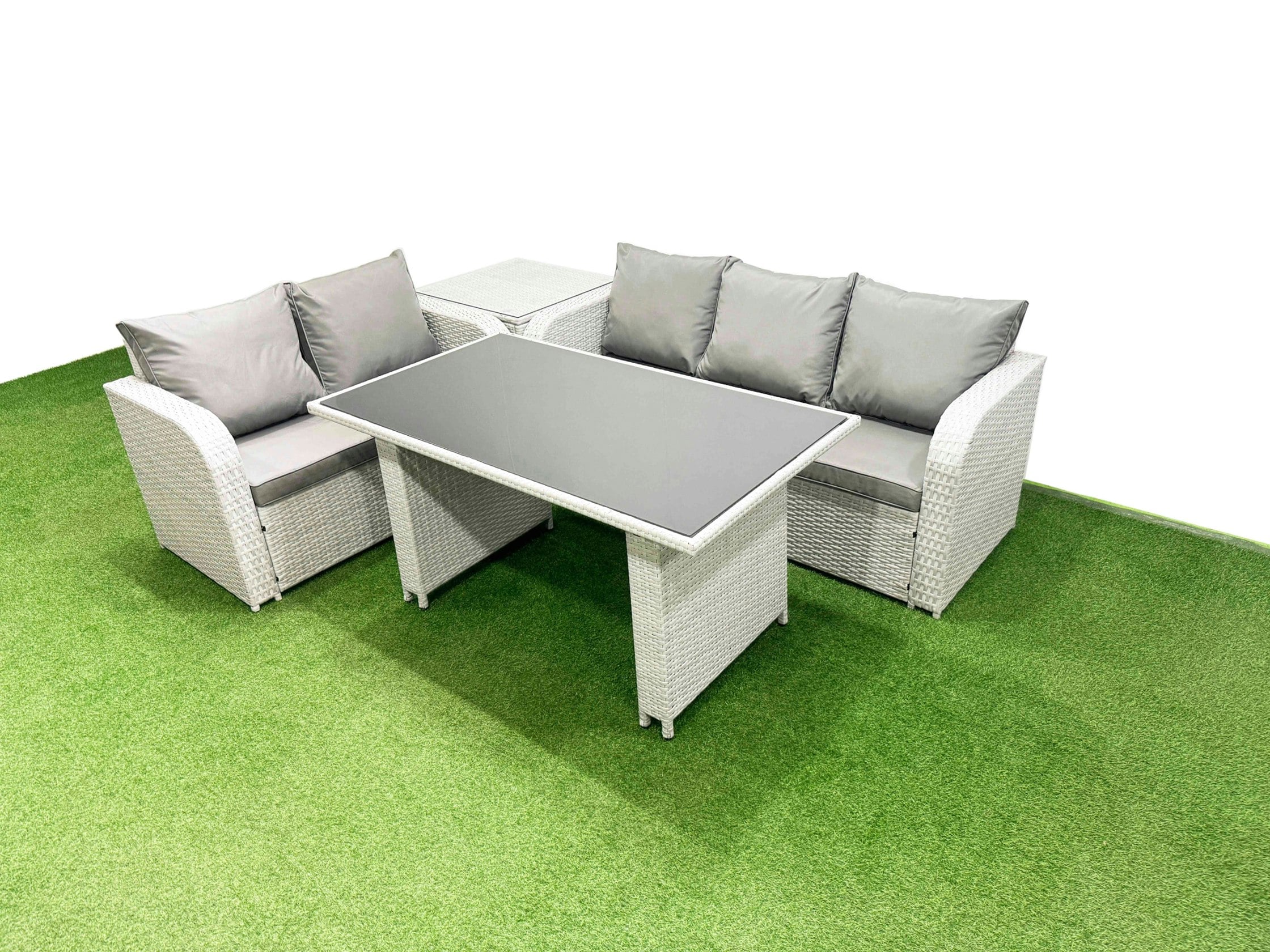 Rackhams Light/Grey Garden Furniture Set Pe Ratten Garden Sofa Set With Rectangular Dining Table Side Table