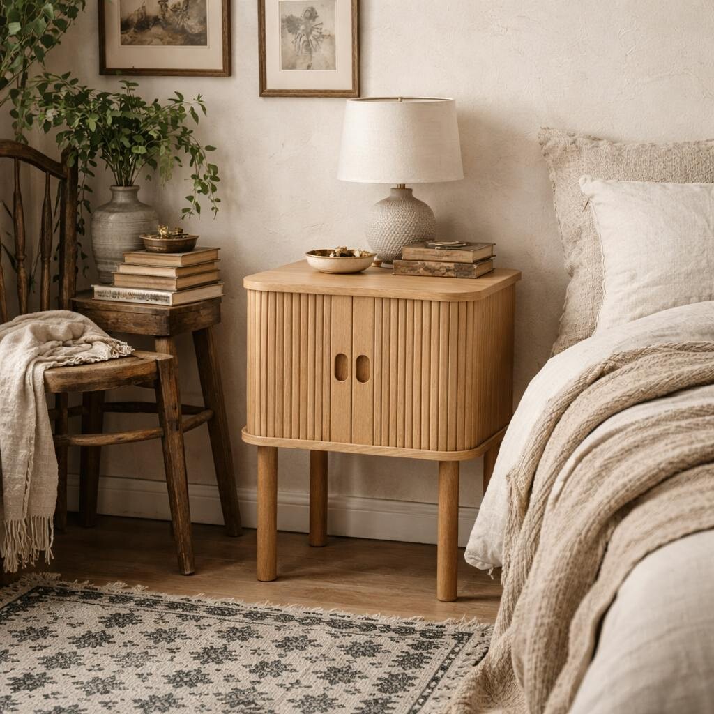 Wyld Haus Copenhagen Natural Oak Wood Etched Square Bedside Table 2 Tambour Doors