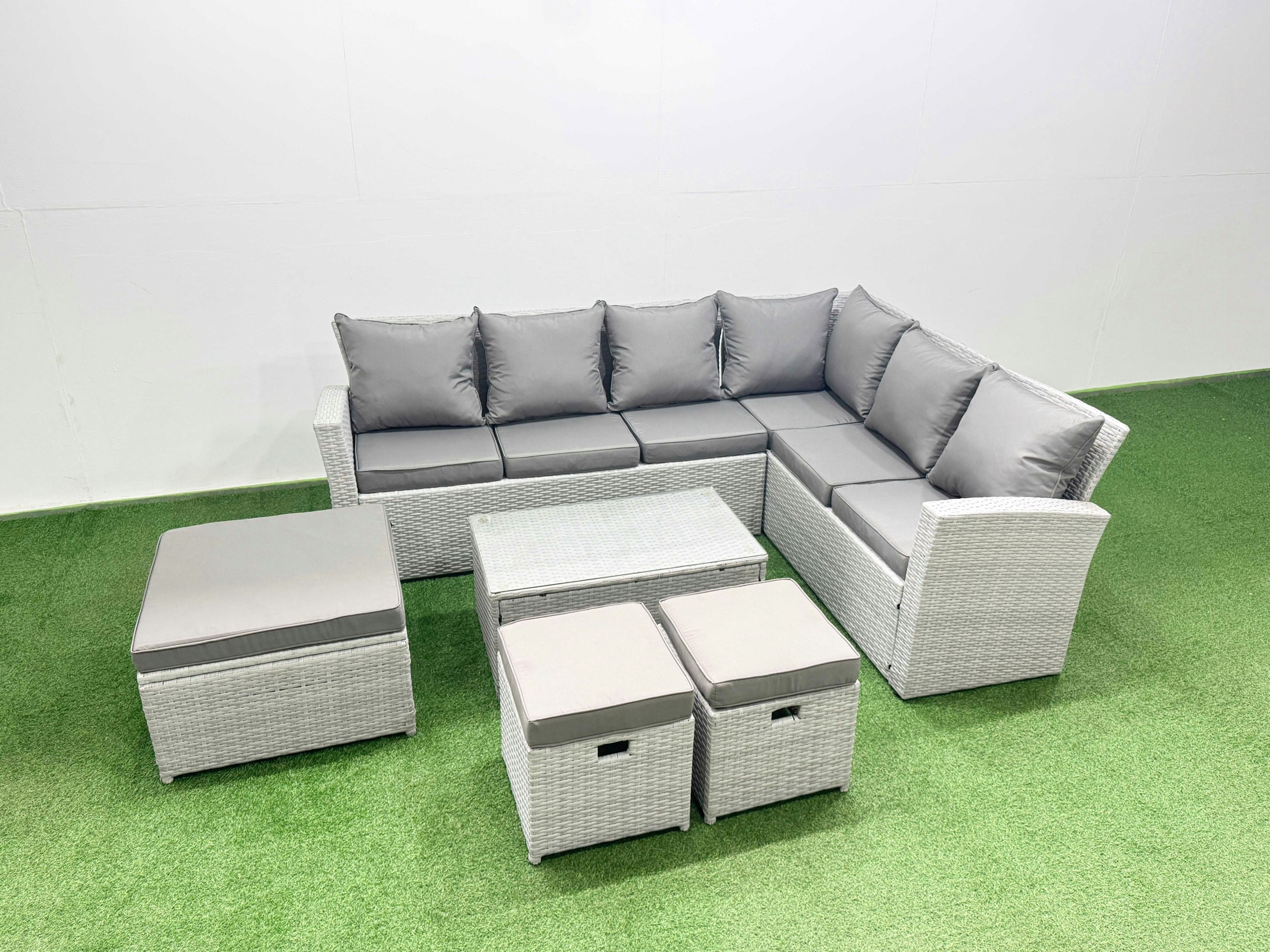 Fimous Light/Grey Garden Outdoor Pe Rattan Furniture Set 9 Seater Rattan Garden Sofa Set With Oblong Coffee Table Mixed