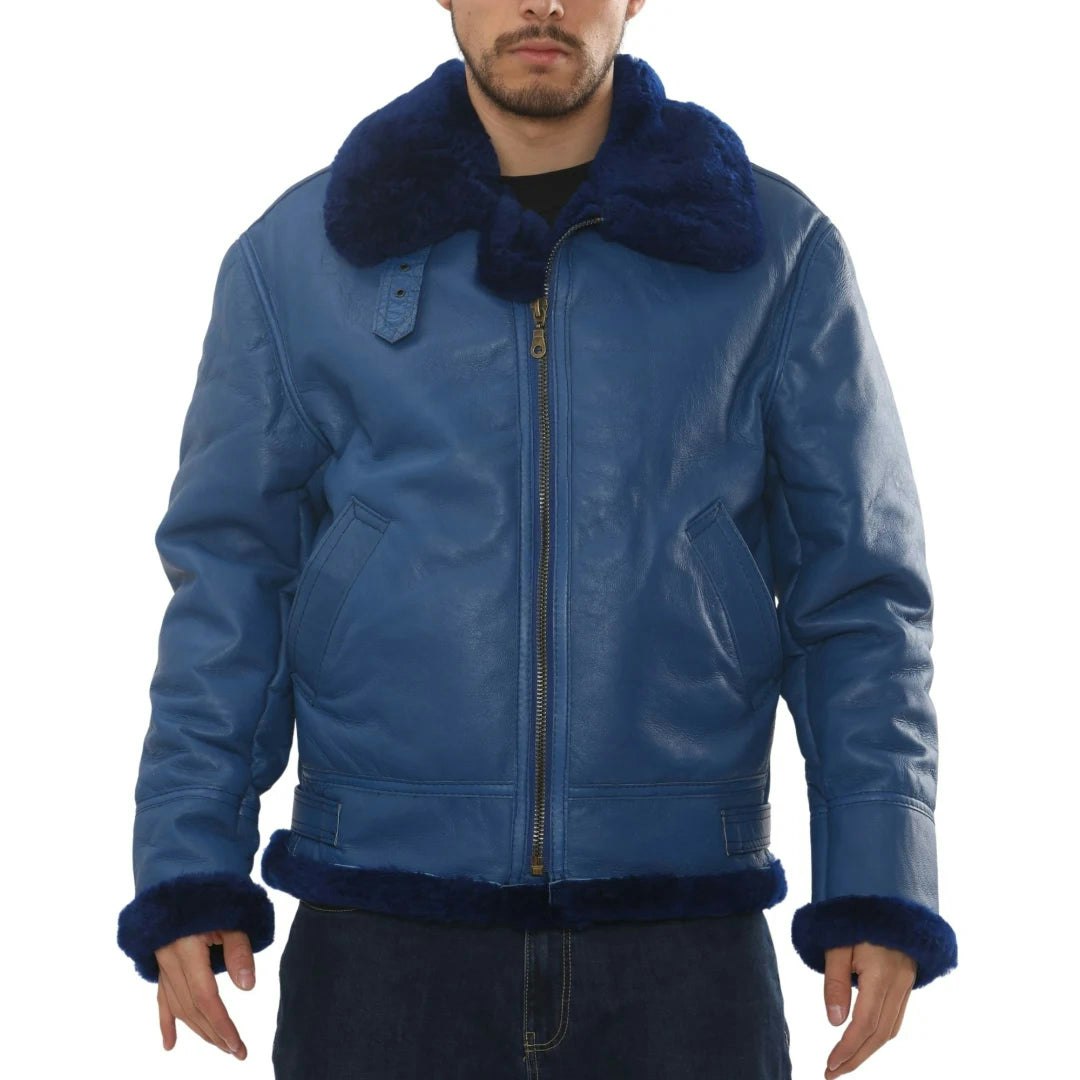 Infinity Leather Men's Blue Leather Company Shearling Leather B3 Aviator Jacket - 4XL