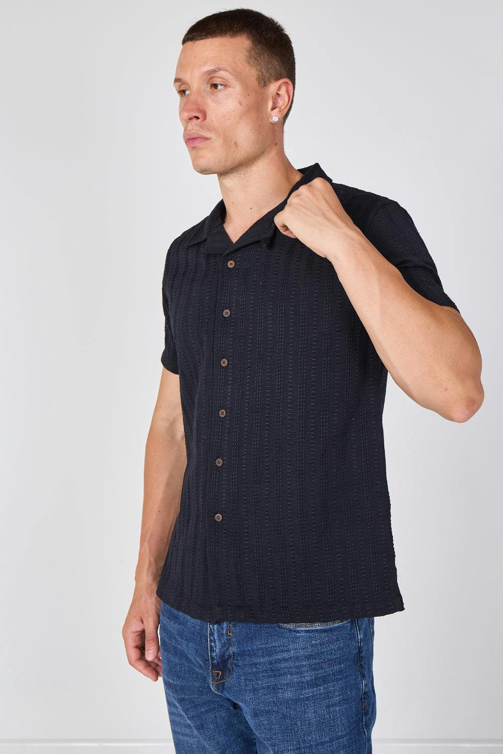 F.f.f.g Black Textured Short Sleeve Resort Collar Shirt - S