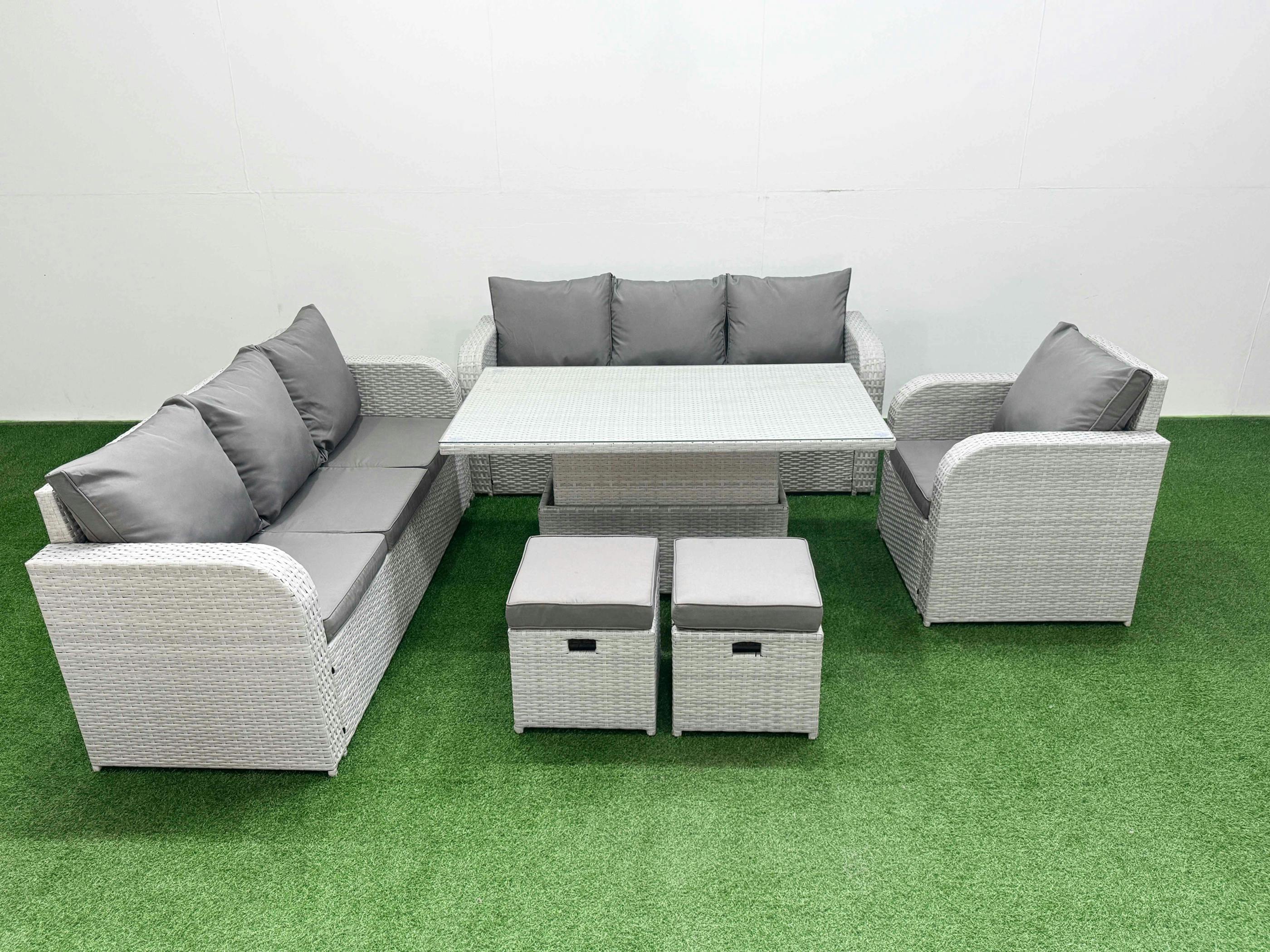 Fimous Light/Grey 9 Seater Rattan Garden Furniture Set With Adjustable Height Table, 2 Sofas, 1 Reclining Chair & 2 Stools