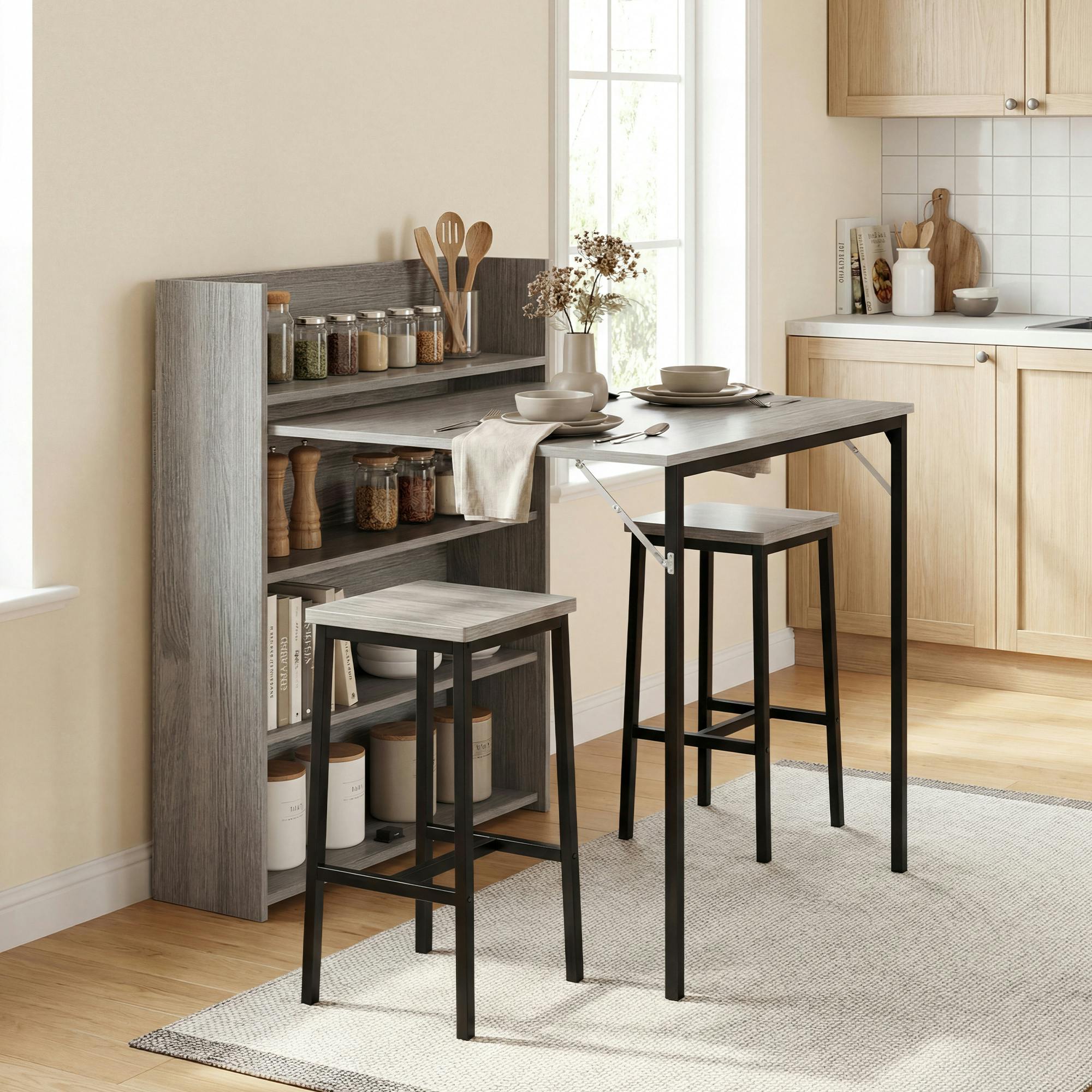 Rackhams Grey/Black Folding Dining Table, Kitchen Table With Shelves Wood Effect - 78.5