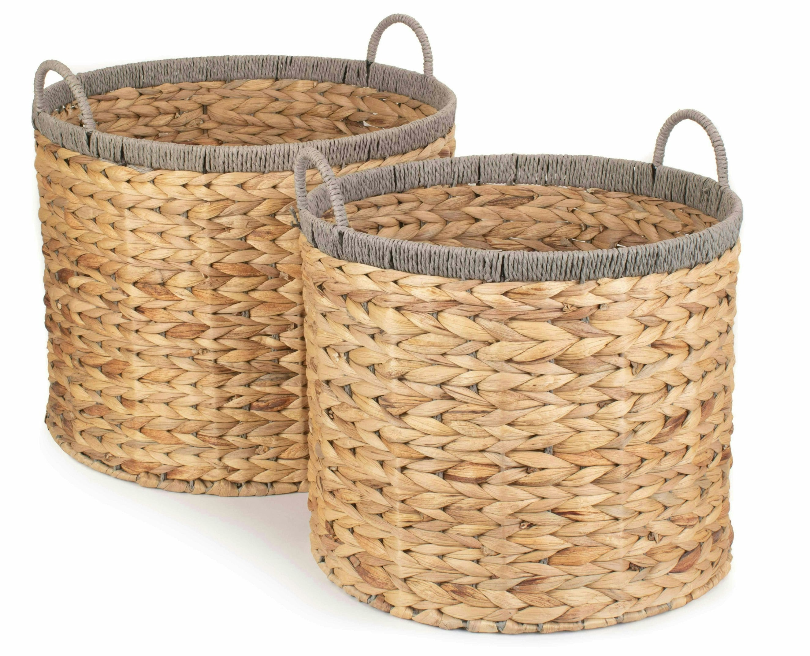 Rackhams Grey Round Water Hyacinth Storage Basket With Rope Border - Set Of 2