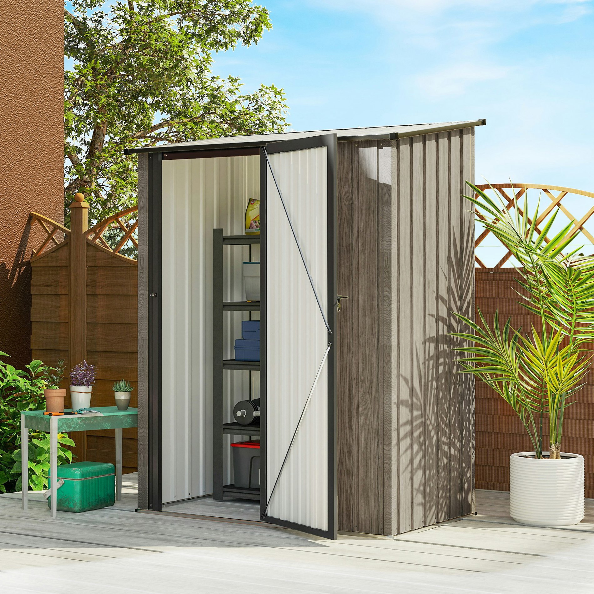 Rackhams Light/Grey Outdoor Storage Shed Steel Garden Shed W/ Lockable Door