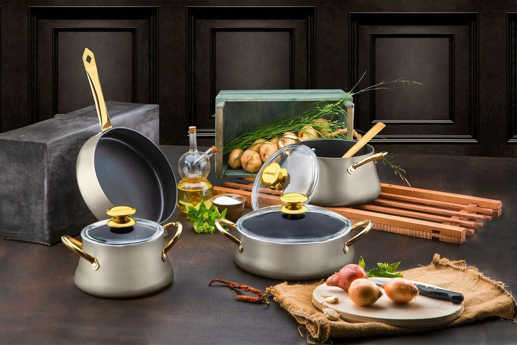 Rozi Dora Collection 7-Piece Non-Stick Granite Cookware Set - Cream Gold - Image 2