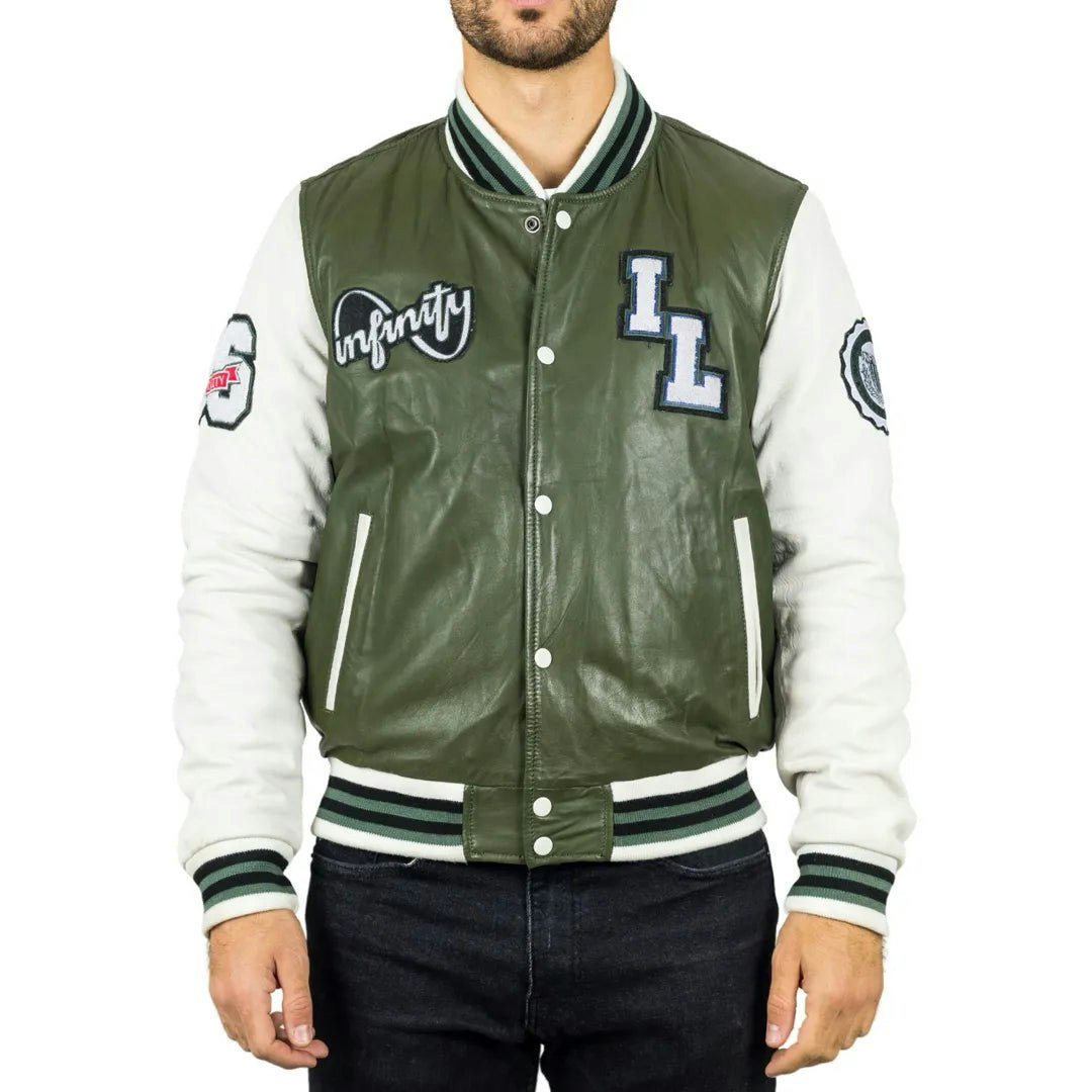 Infinity Leather Men's Green Leather Company Olive Leather Letterman Bomber Jacket - 4XL