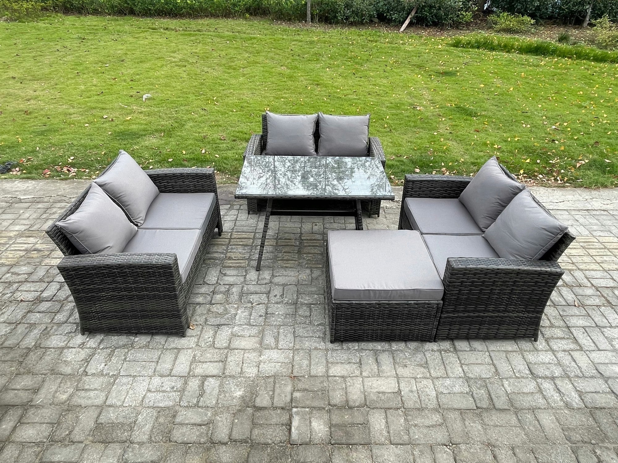 Fimous Dark/Grey 7 Seater Rattan Wicker Garden Furniture Patio Conservatory Sofa Set With Rectangular Dining Table Love Seat Sofa Big Footstool