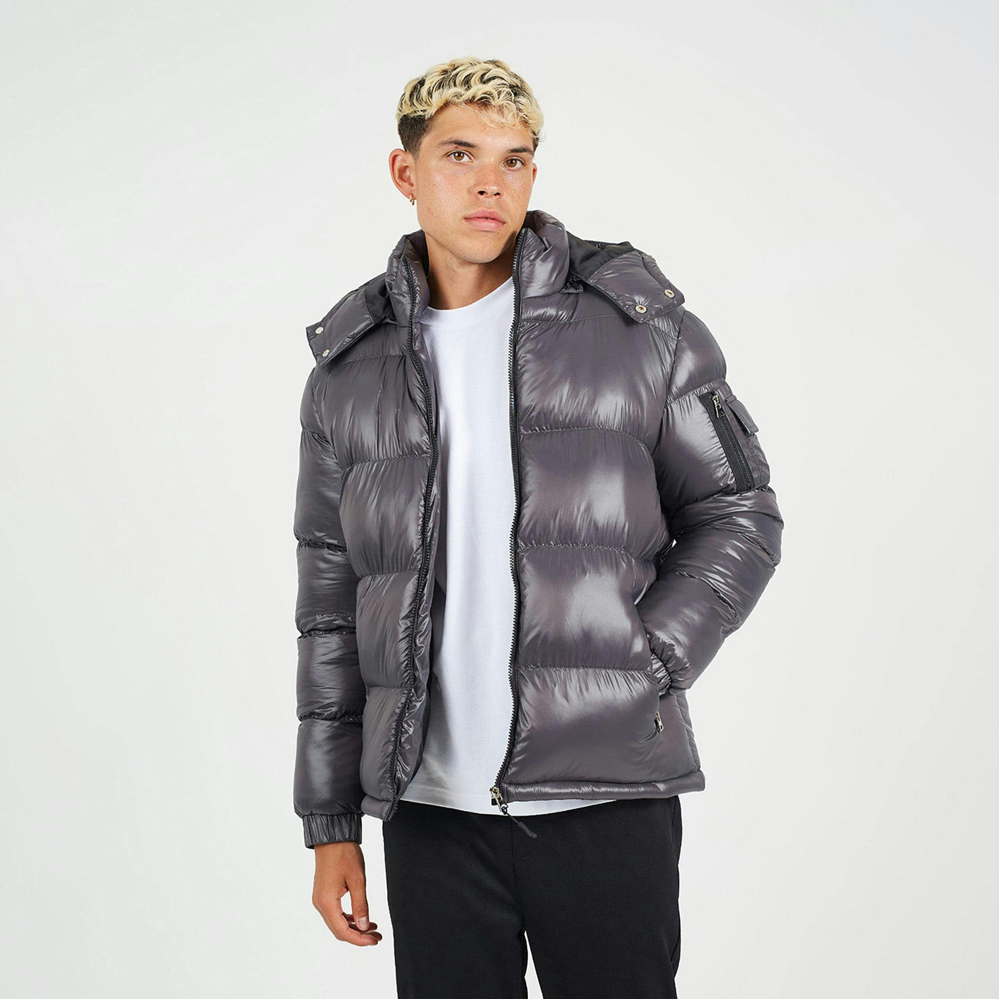 Brave Soul Grey Hooded Padded Puffer Jacket With Detachable Hood - Xl