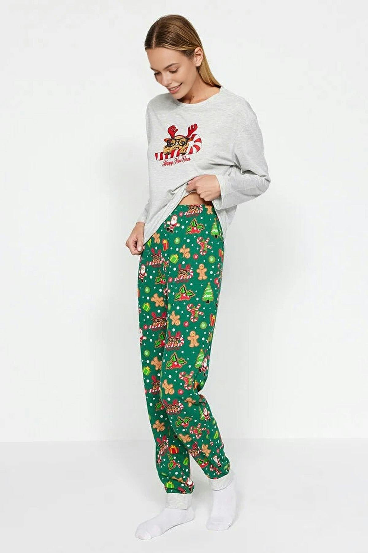 Wovcor Grey 2-Piece 100% Cotton Christmas Themed Knit Pajama Set - M