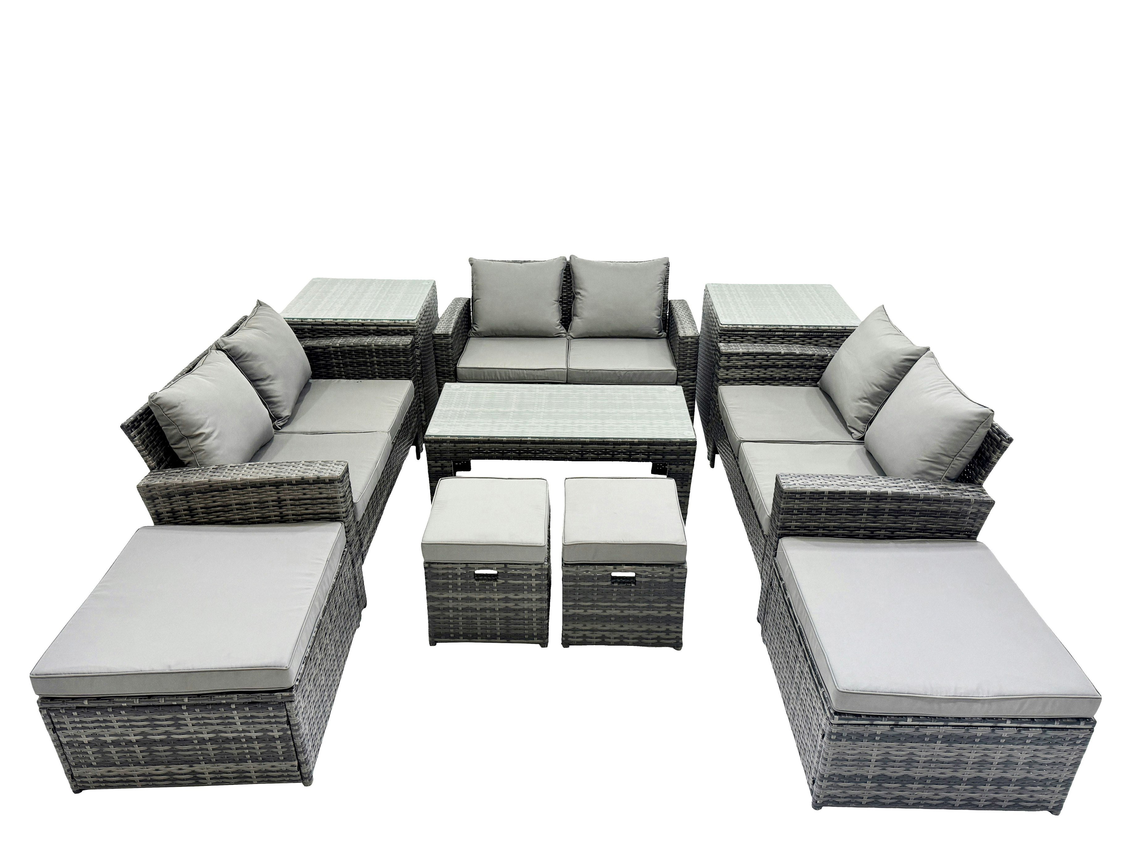 Fimous Dark/Grey Outdoor Love Sofa Set 10 Seat Rattan Garden Furniture Set With Oblong Coffee Table 4 Stools 2 Side Table Mixed