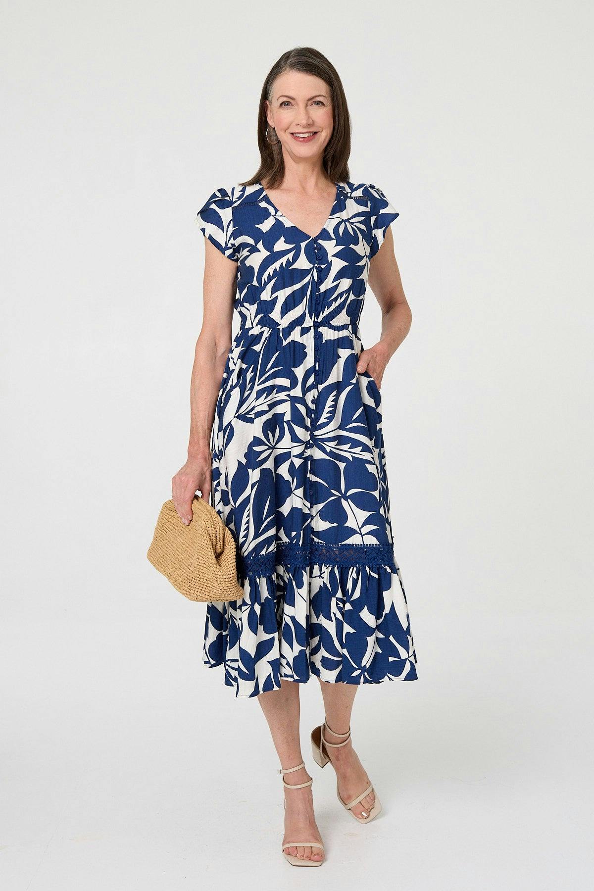 Izabel London Blue Leaf Print Cap Sleeve Lace Midi Dress - 18