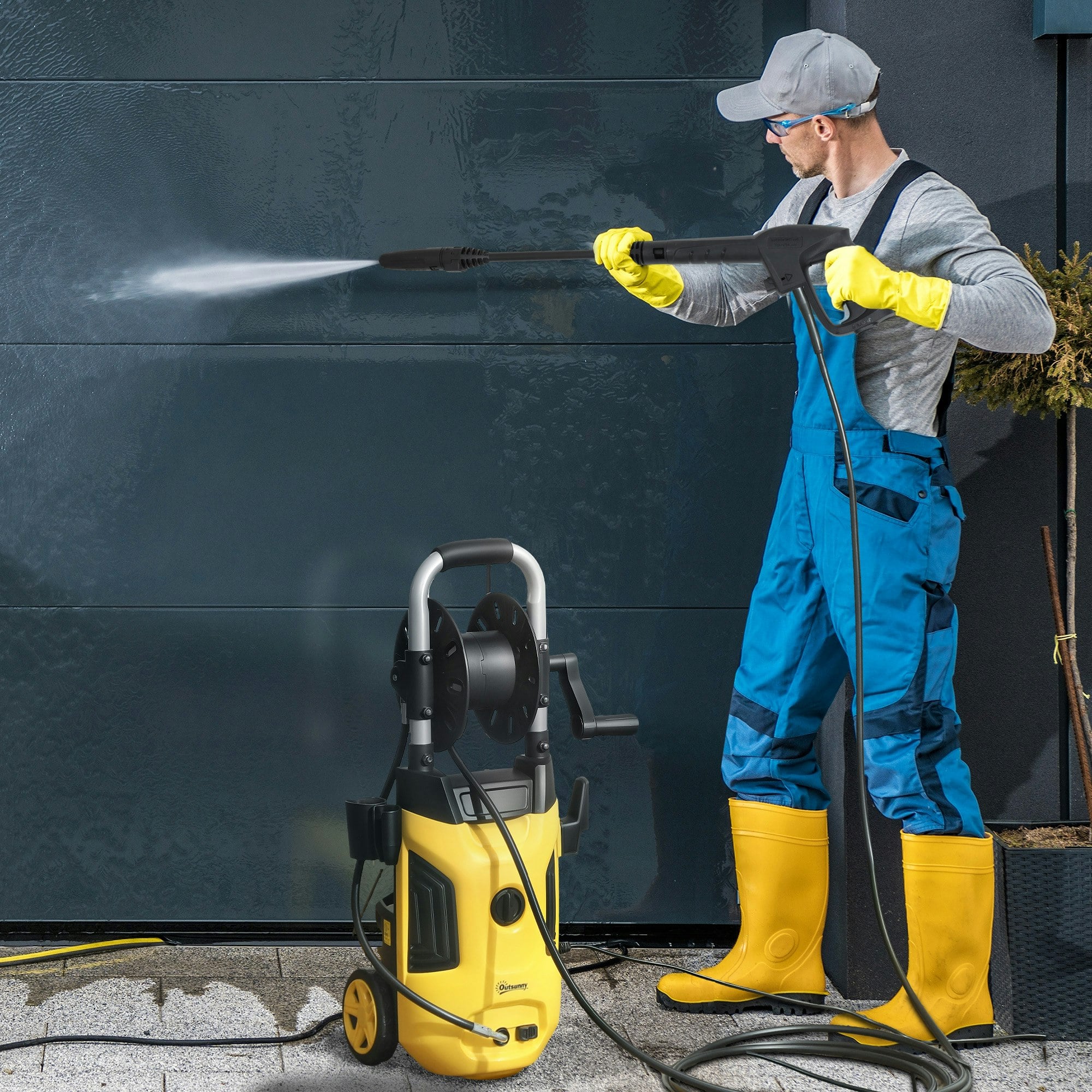 Rackhams Blue/Yellow 1800W Power Washer 150 Bar Pressure 6M Hose And Hose Reel,