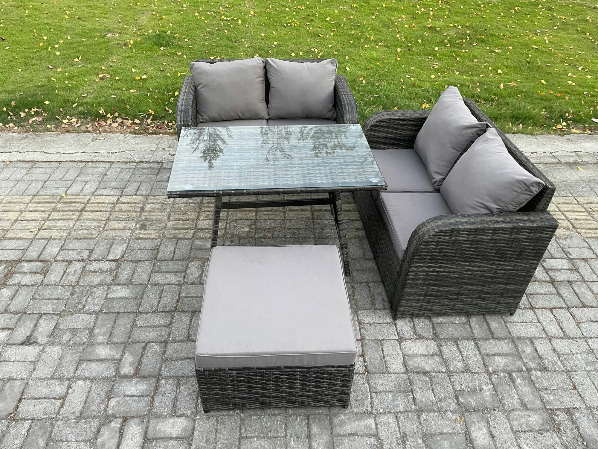 Rackhams Dark/Grey Outdoor Garden Furniture Sets 4 Pieces Wicker Rattan Furniture Sofa Sets With Rectangular Dining Table Love Sofa Big Footstool