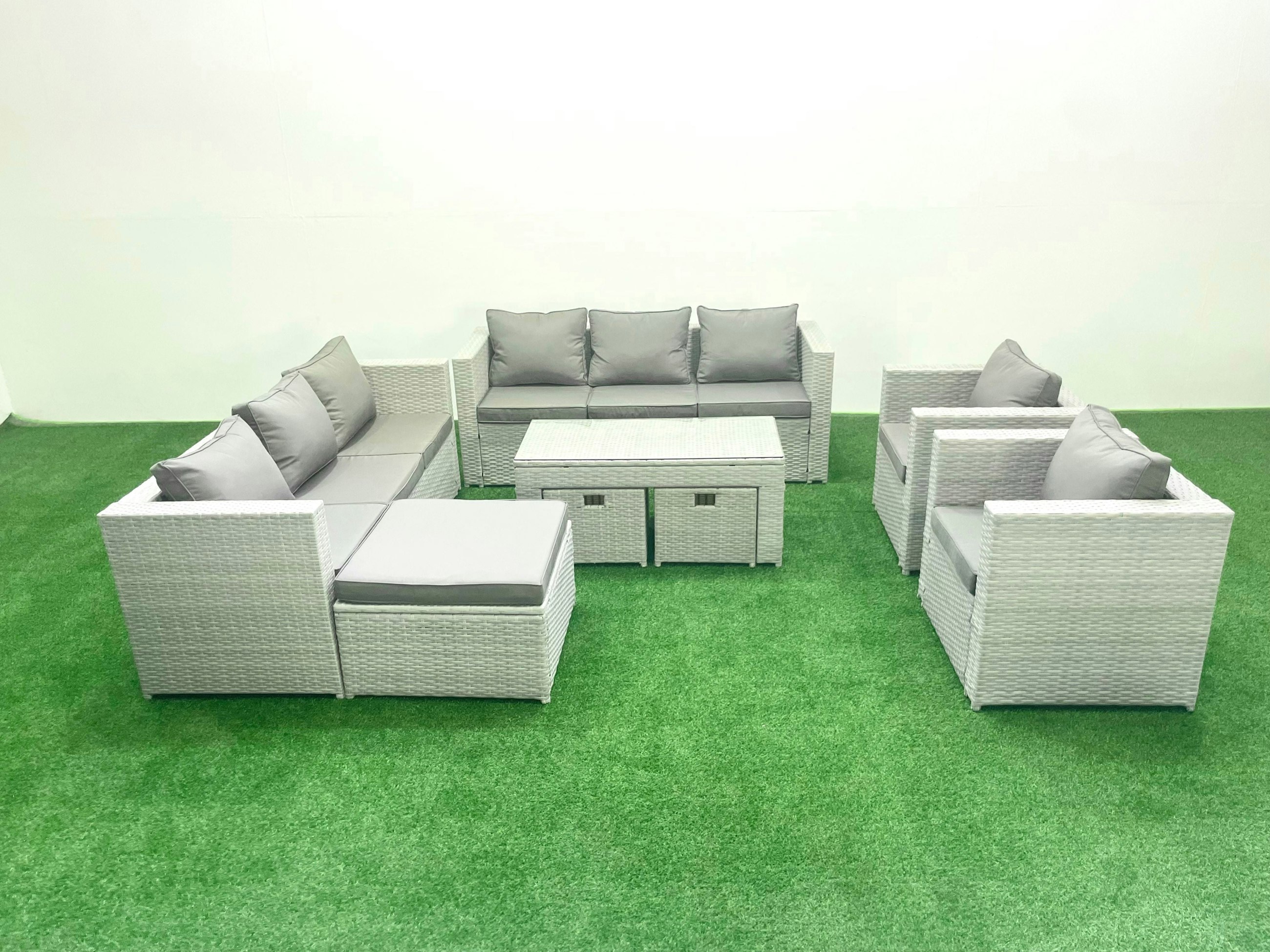 Rackhams Light/Grey Outdoor Garden Furniture Rattan Sofa Set With 2 Armchairs Oblong Coffee Table 3 Footstools Mixed