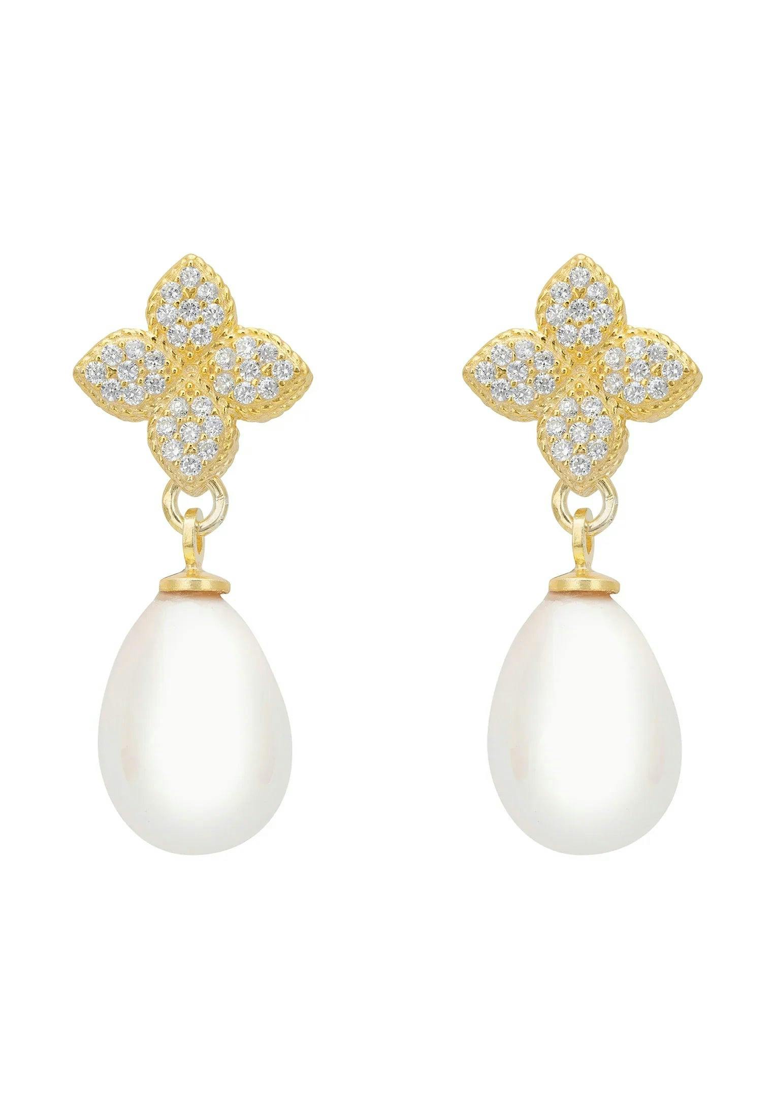 Latelita Gold Clover Flower Pearl Drop Cz Earrings
