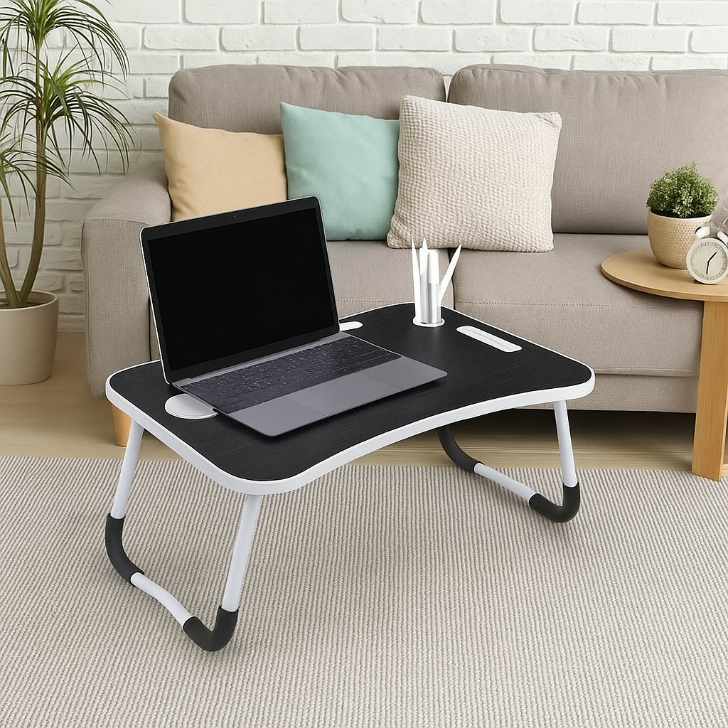 Modcraft Black Folding Laptop Bed Table With Cup Holder, Lap Desk Tray For Sofa, Breakfast, Portable,