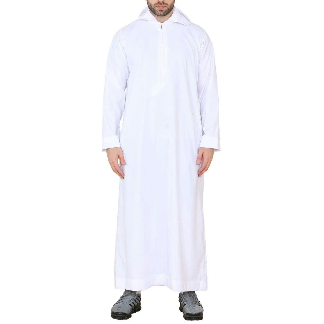 Thobez Men's White Hooded Thobe Nehru Collar Islamic Clothing Muslim Kaftan Robe Saudi - Small - Regular