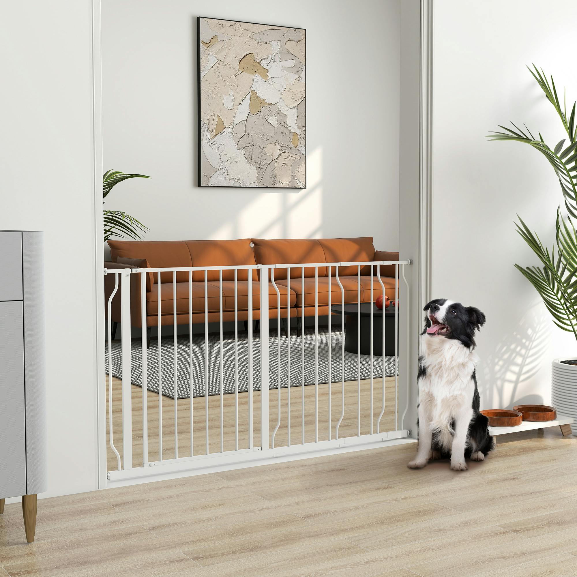 Pawhut White Dog Gate Wide Stair Gate W/ Door Pressure Fit - 145 X 1.5 X 76 Cm