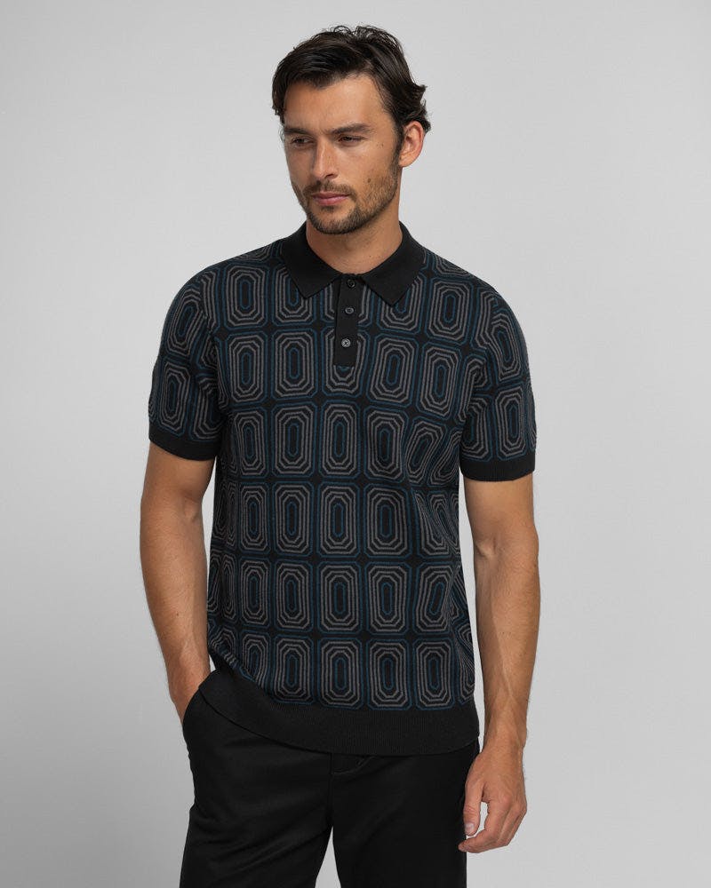 Steel & Jelly Black Kelsall - Retro Print Knitted Polo Shirt - L