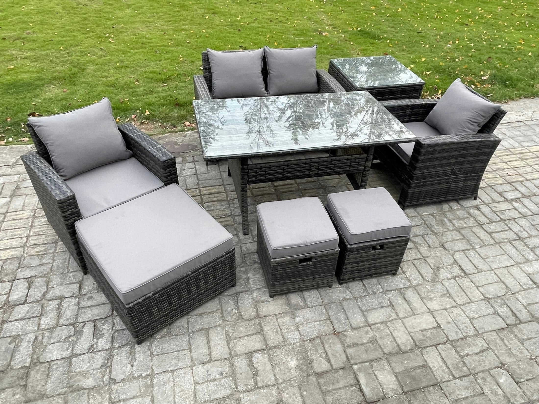 Fimous Dark/Grey 7 Seater Pe Wicker Outdoor Garden Furniture Set Patio Furniture Rattan Rectangular Dining Table Lounge Sofa With 3 Footstools Side Table