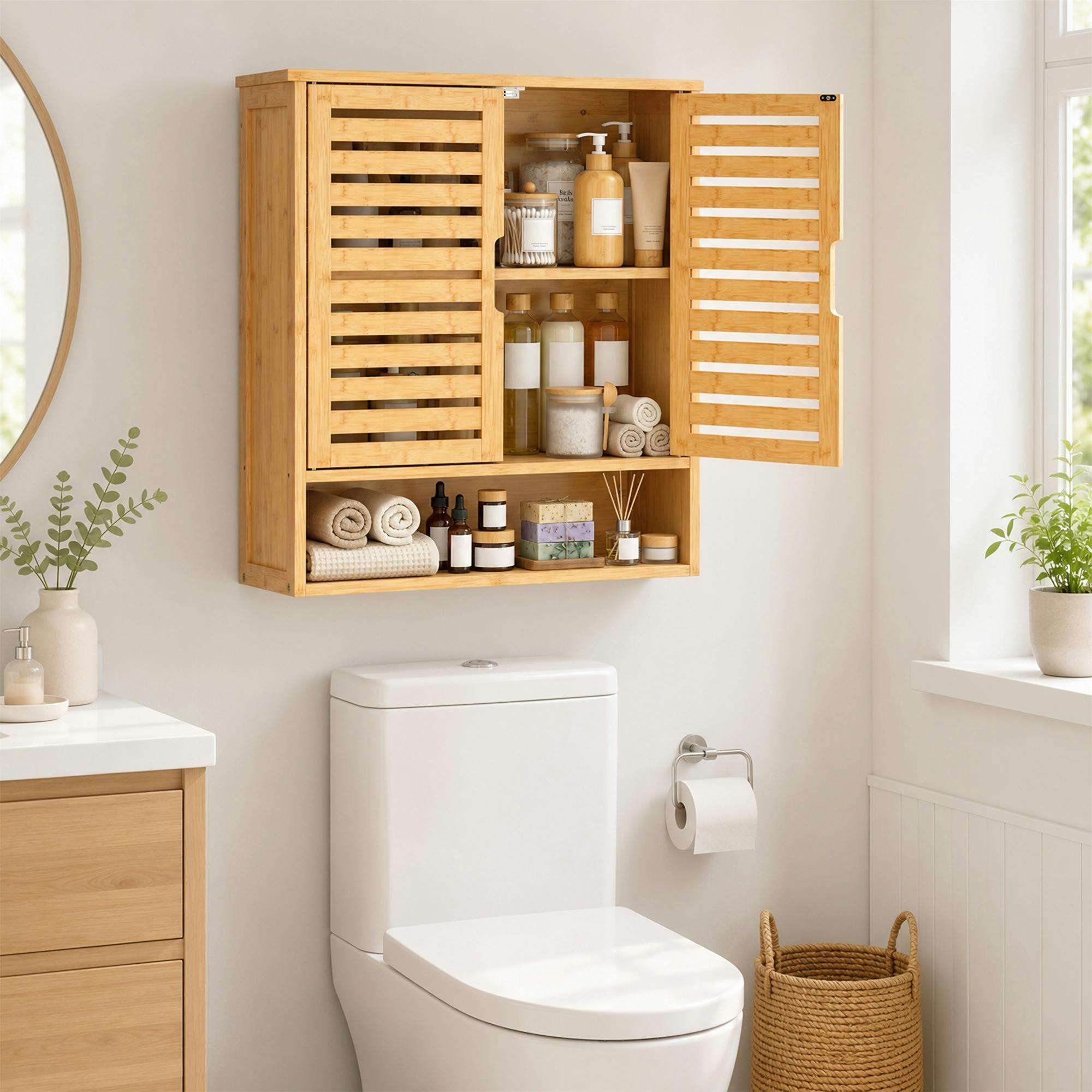 Rackhams Wall Mounted Bathroom Cabinet With 2 Louvered Doors, Open Shelf