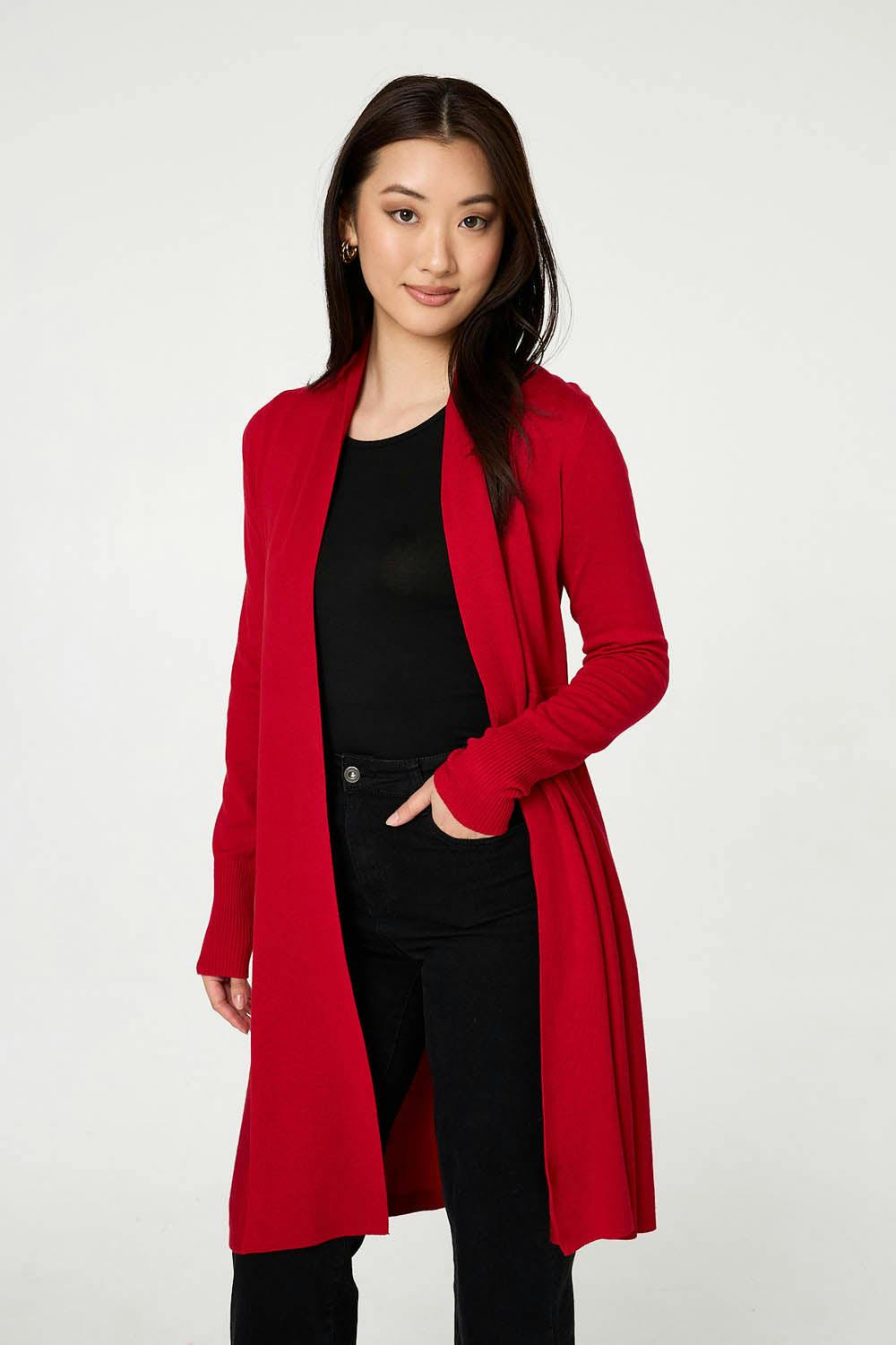 Izabel London Red Open Front Longline Relaxed Cardigan - 12