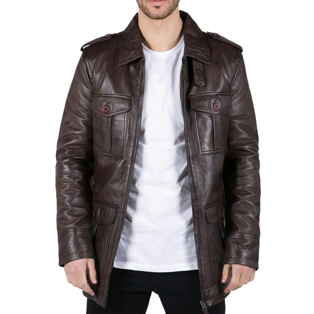 Infinity Leather Men's Black/Brown Leather Company Leather Safari Parka Coat Jacket - 4XL