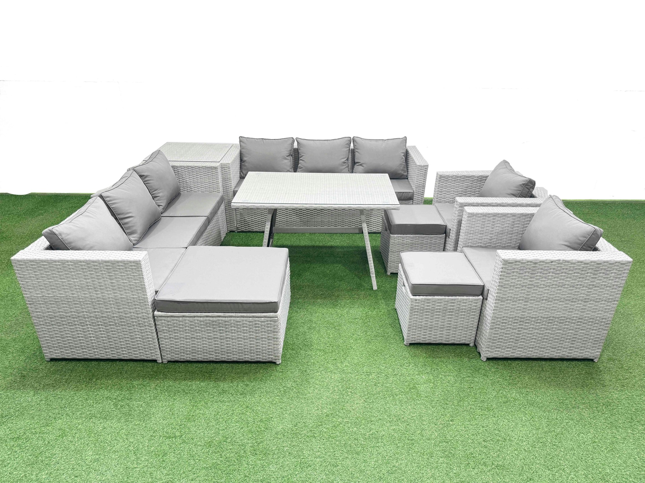 Rackhams Light/Grey 11 Seater Garden Furniture Set Pe Rattan Garden Sofa Set With Rectangular Dining Table 3 Stool Side Table