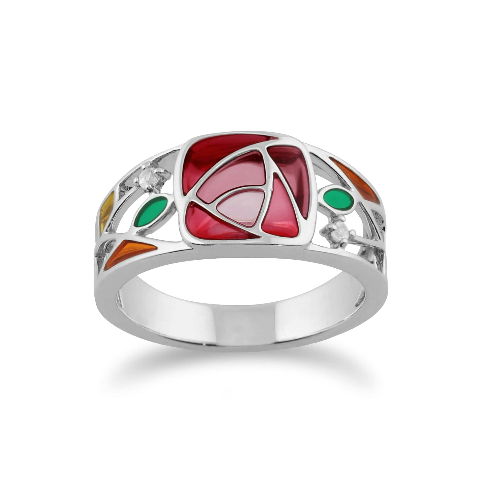 Gemondo White/Silver Rennie Mackintosh Round Topaz & Enamel Glasgow Rose Band Ring In 925 Sterling - X