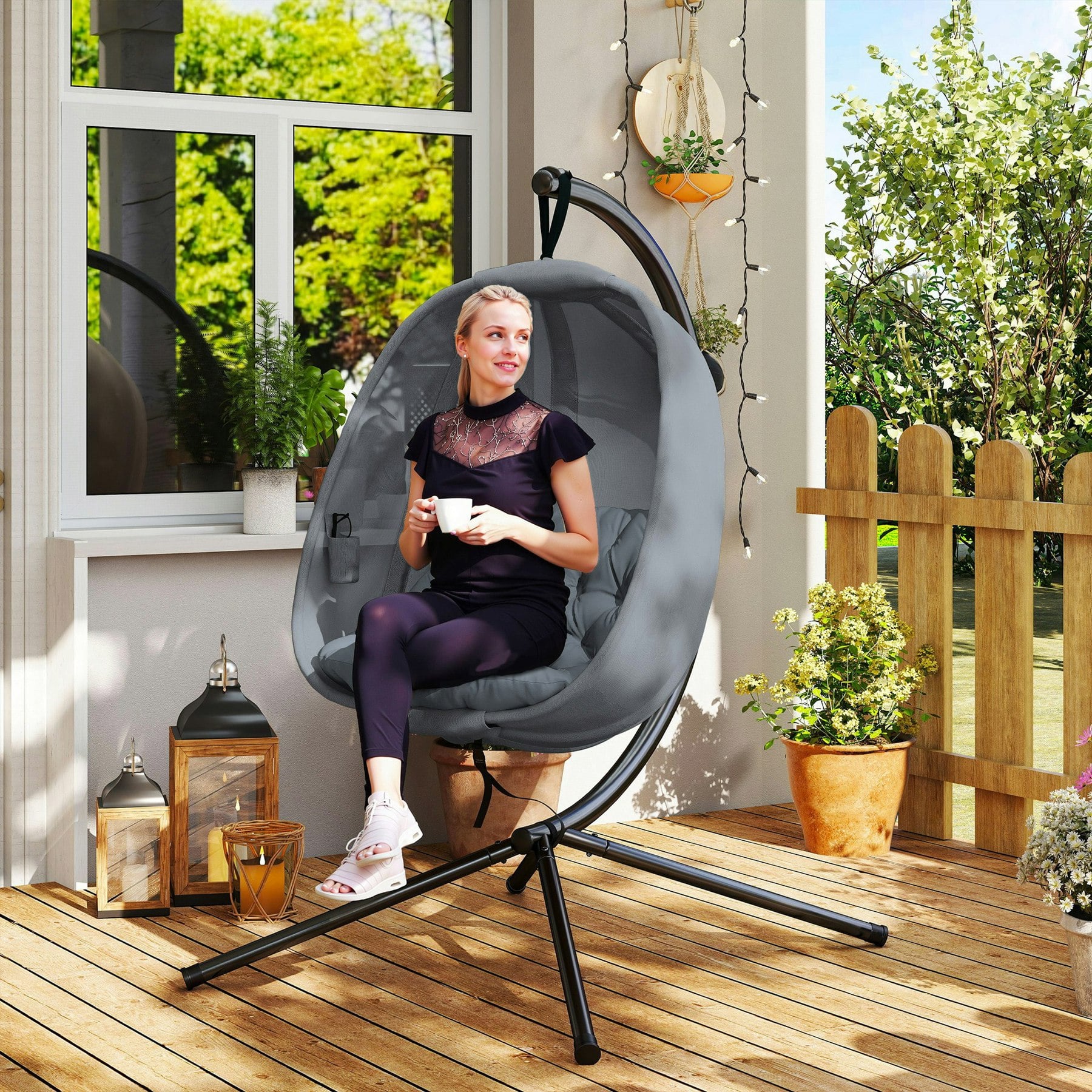 Outsunny 1 Seat Hanging Chair Steel, Mesh, Pl (Polyester), Pp (Polypropylene) Cotton Grey 970 X 1,260 X 1,720 Mm - Image 3
