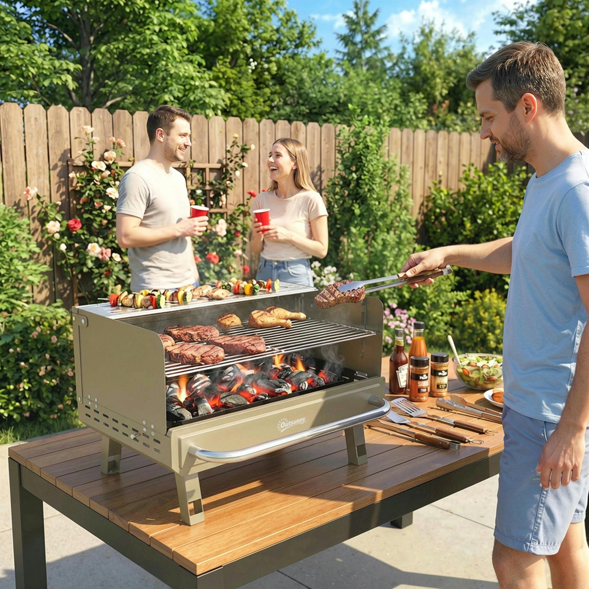 Outsunny Portable Barbecue Grill With Adjustable Grates For Camping - Khaki