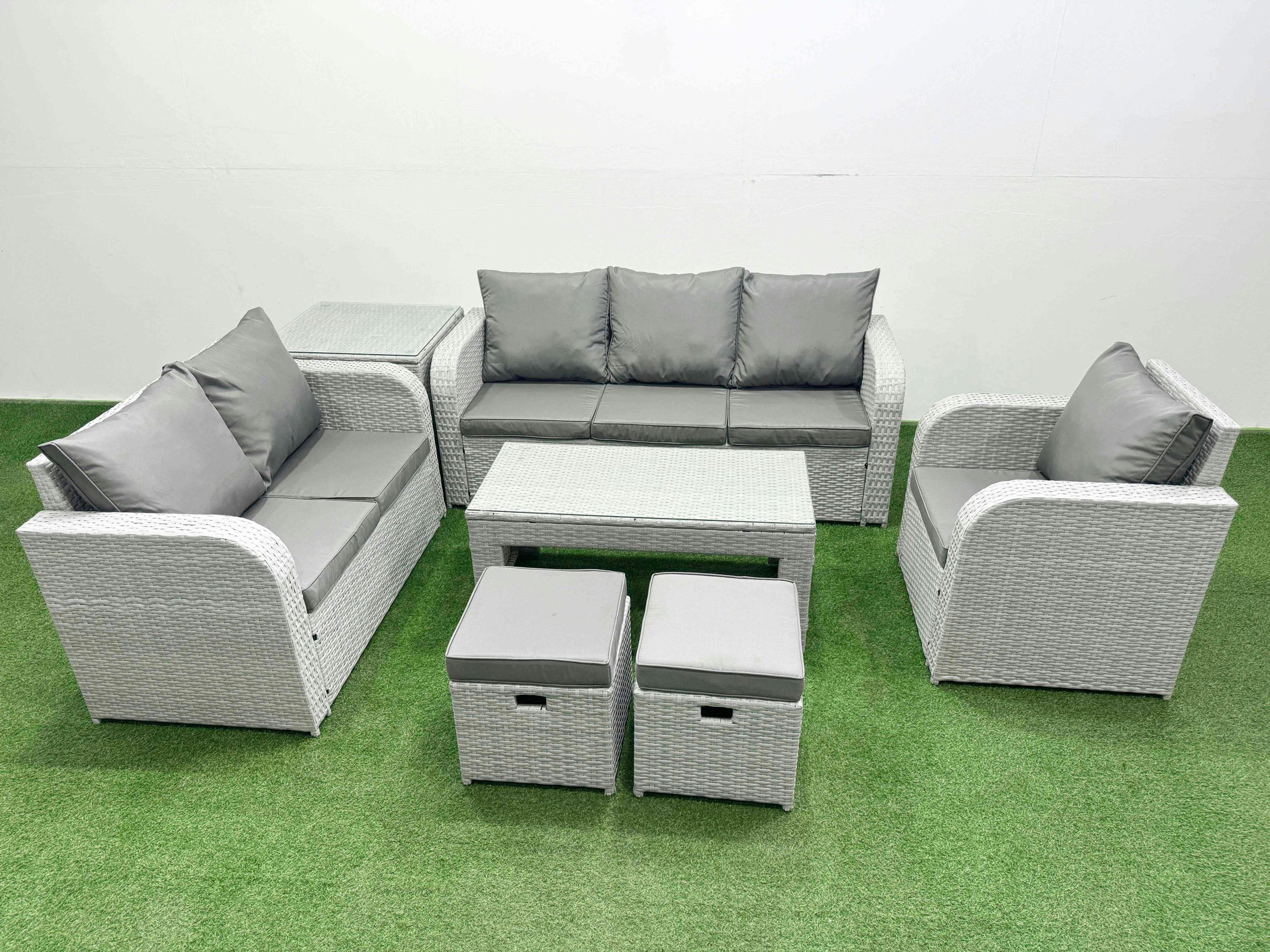 Fimous Light/Grey 8 Seater Patio Sofa Set, Rattan Garden Furniture, Coffee Table, Reclining Chair, Loveseat, 3 Seater Sofa, Stool And Side Table,