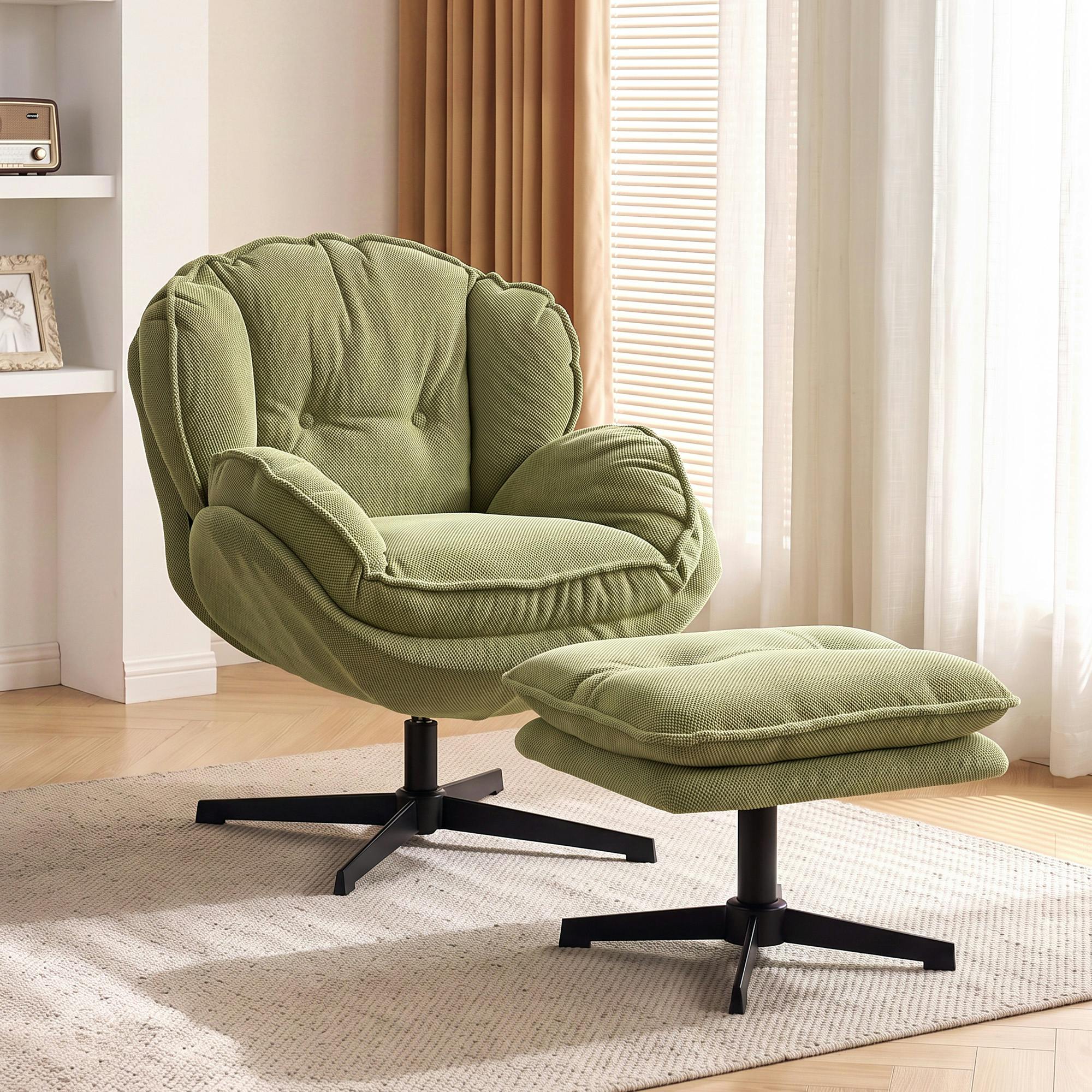 Homcom Green Armchair With Adjustable Footstool, 360° Swivel Accent Chair