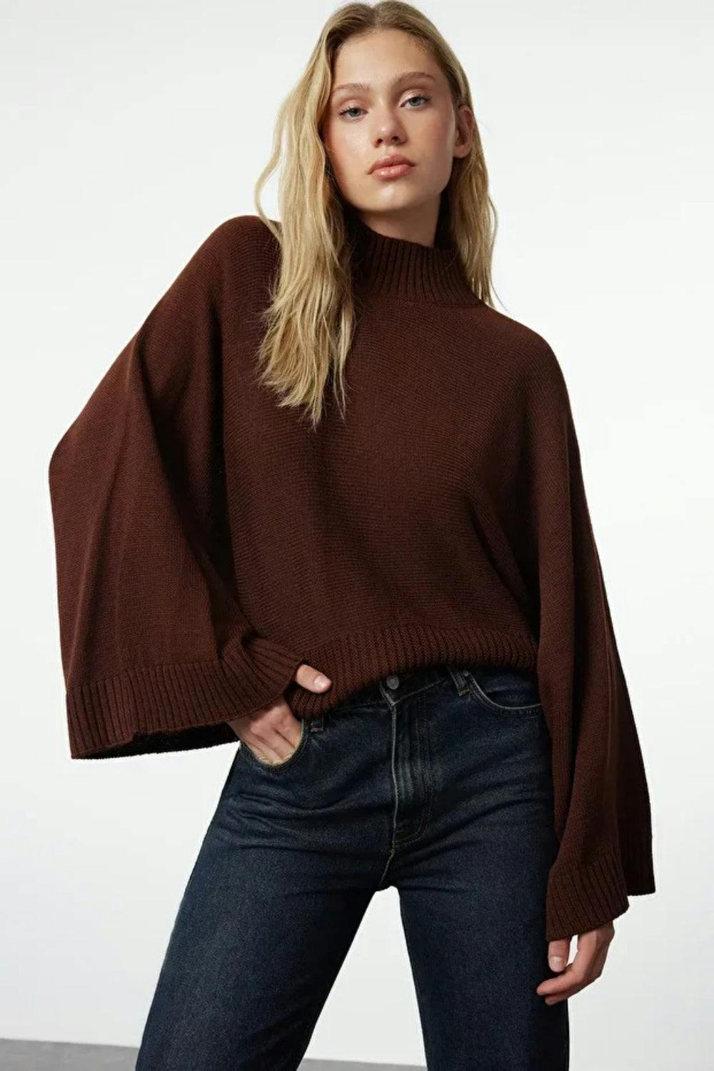 Hoxton Gal Brown Oversized Flared Sleeve Knit Sweater - M