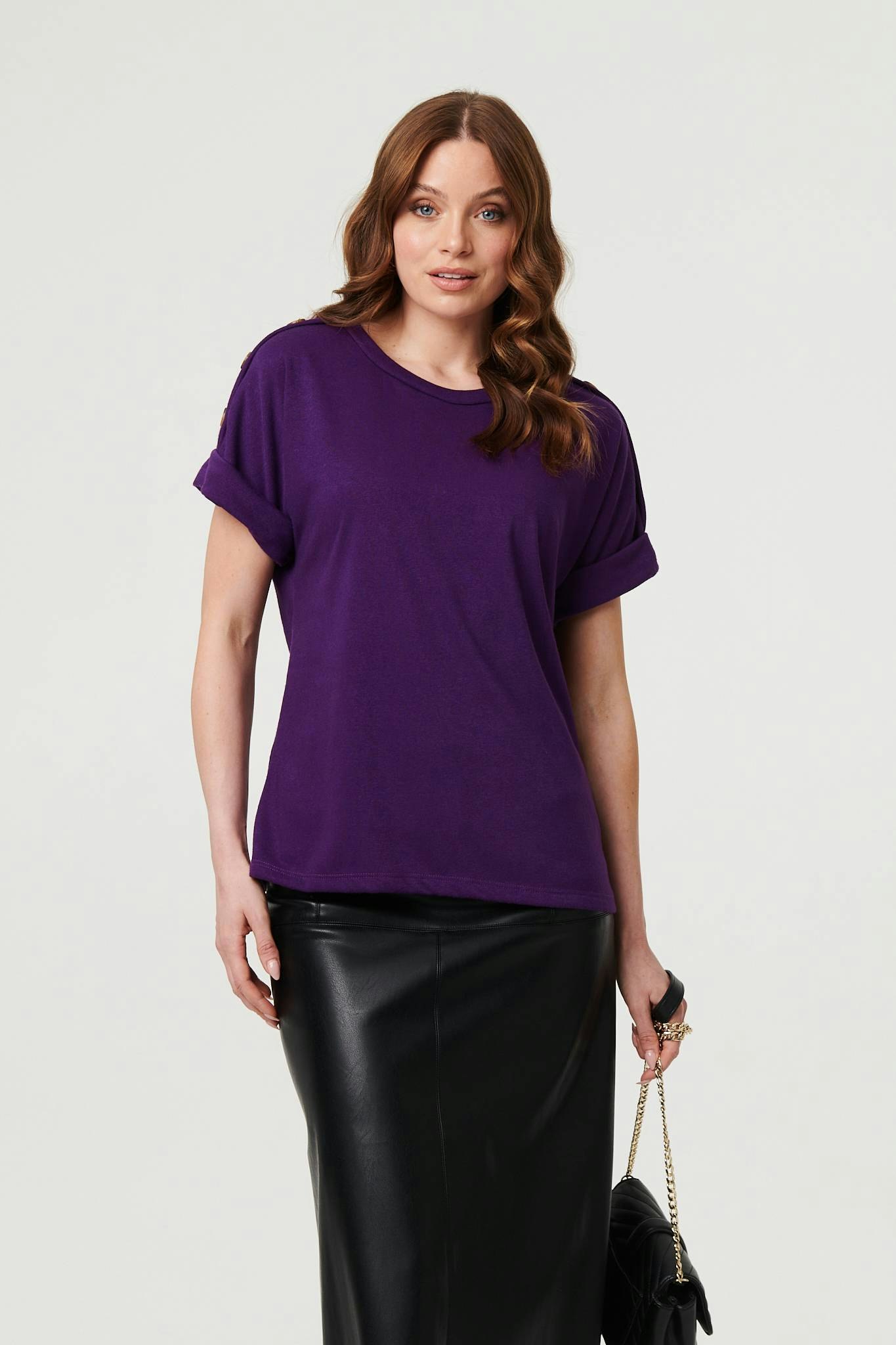 Izabel London Purple Button Trim Short Sleeve Relaxed Top - 10