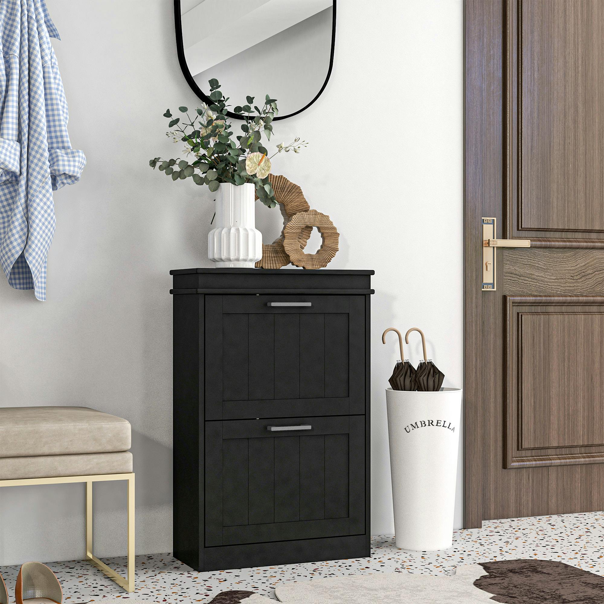 Homcom Black Slim Shoe Storage Cabinet With 2 Flip Drawers For Entryway,