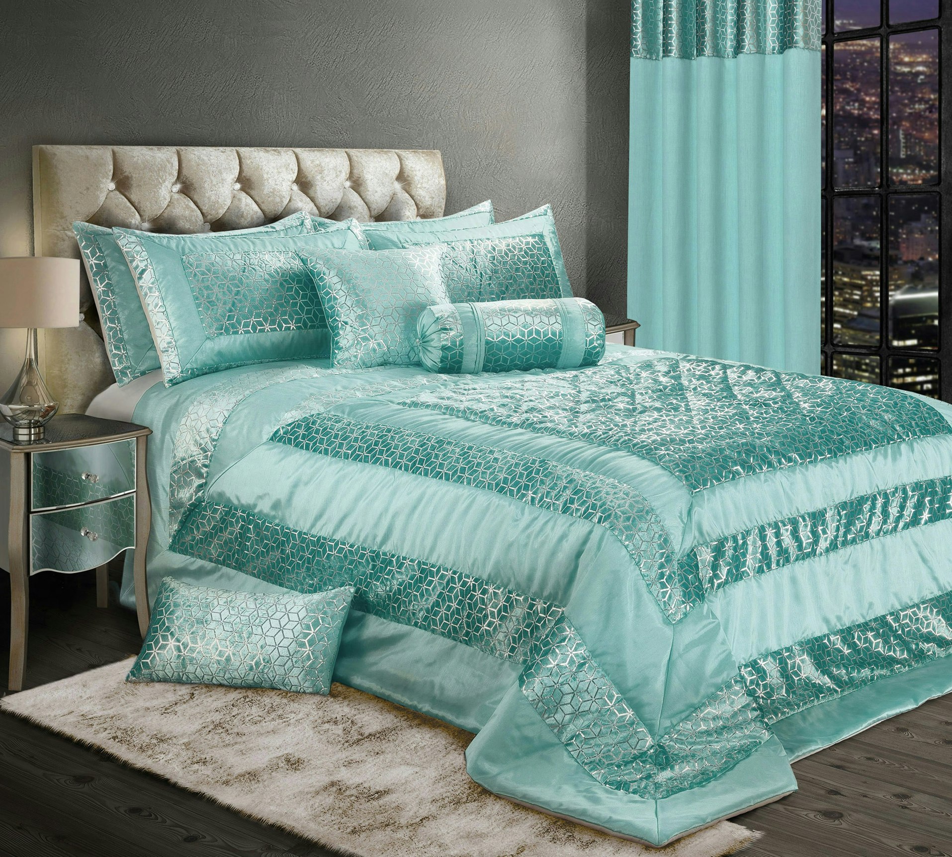 Rackhams Vera Foil Printed Quilted Bedspread - Duck Egg - King