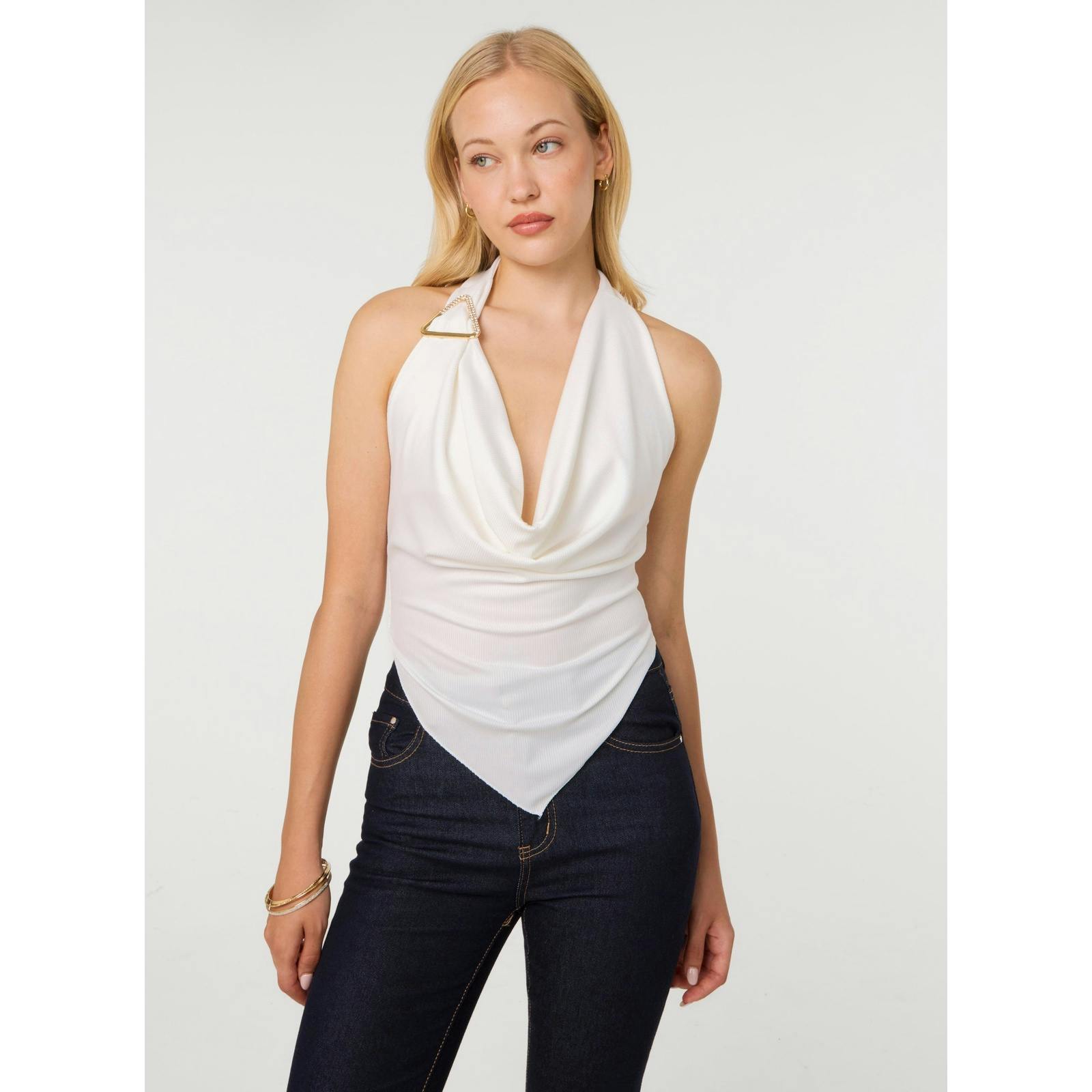 Pink Vanilla Pink/Ivory Vanilla Diamante Hardware Rib Cowl Neck Hanky Hem Top - One Size