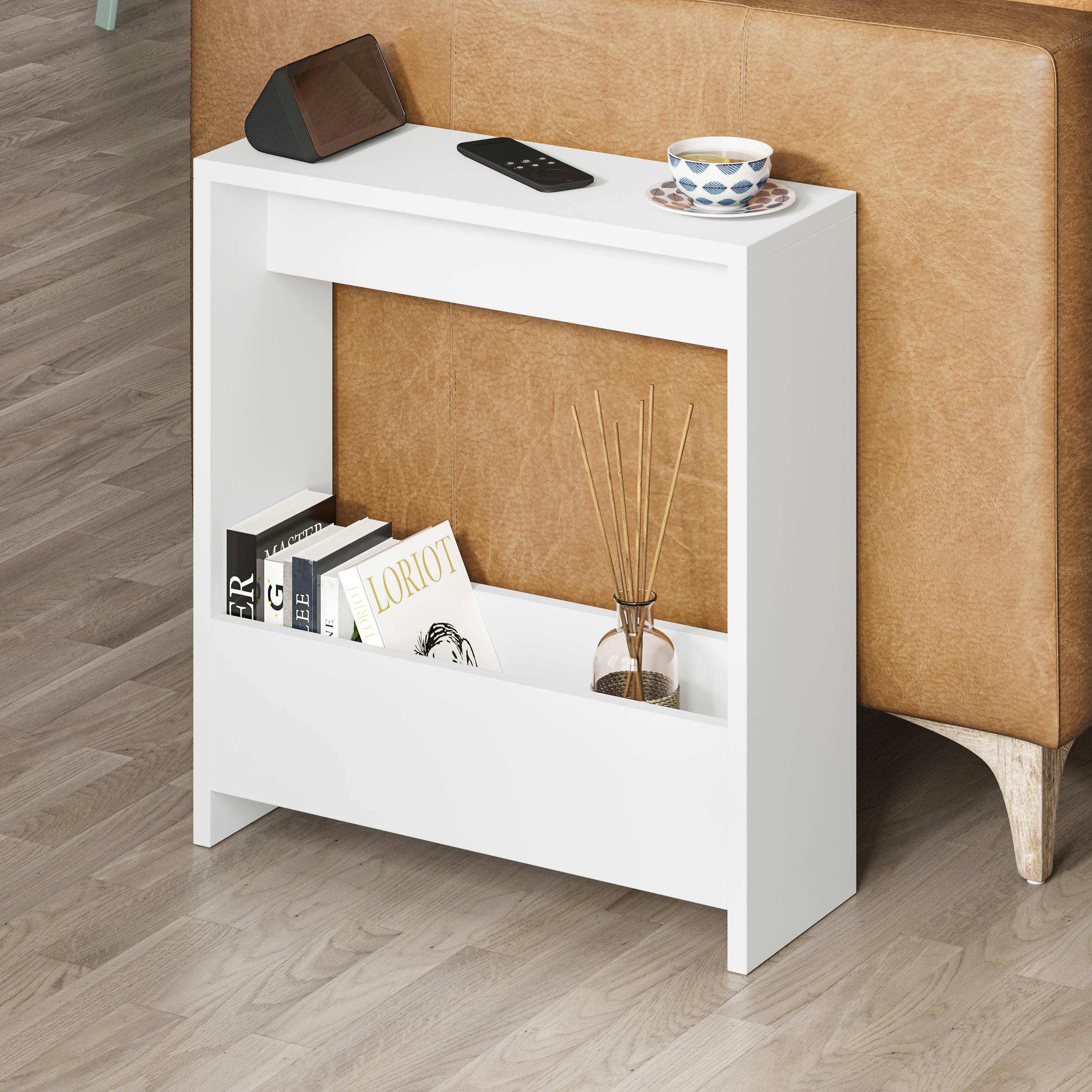 Decortie White Simpi Slim End Table With Magazine Rack (H) 60Cm