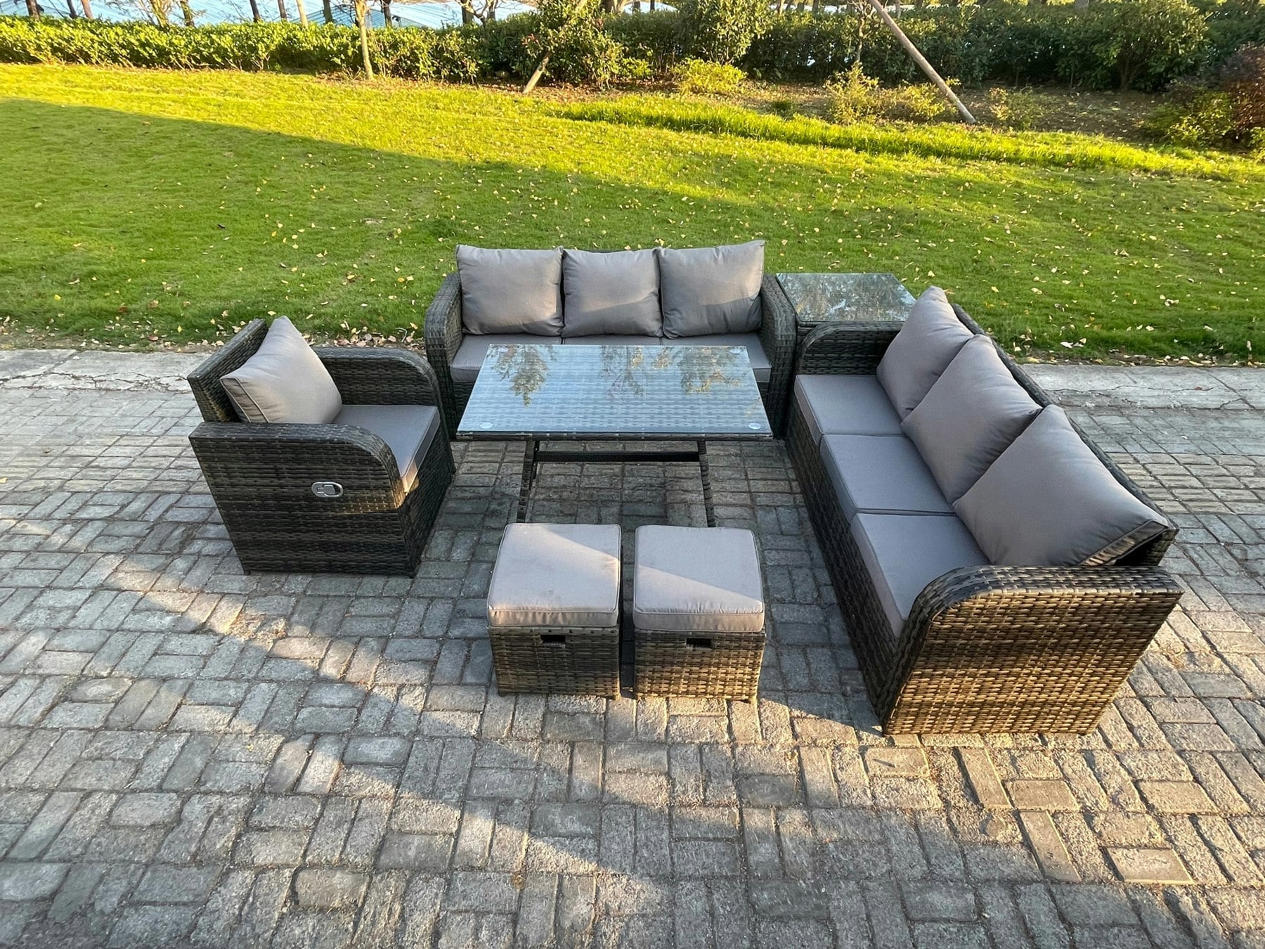 Fimous Dark/Grey Mixed Rattan Outdoor Lounge Set - Rectangular Dining Table, Reclining Chair, Side Table & 2 Small Footstools