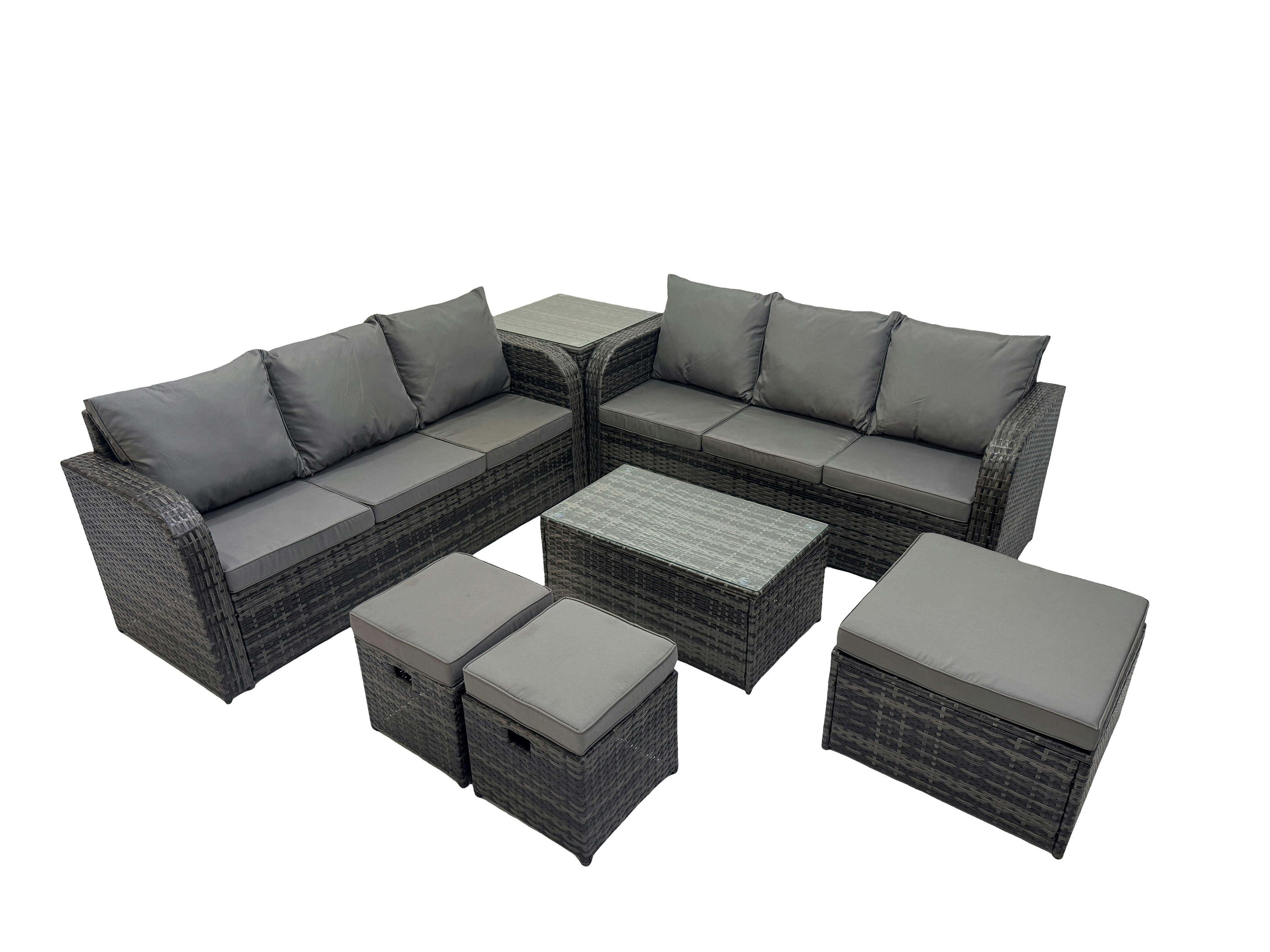 Rackhams Dark/Grey Outdoor 3 Seater Sofa Coffee Table Set Garden Rattan Furniture Set 9 Seater With 3 Stool Side Table