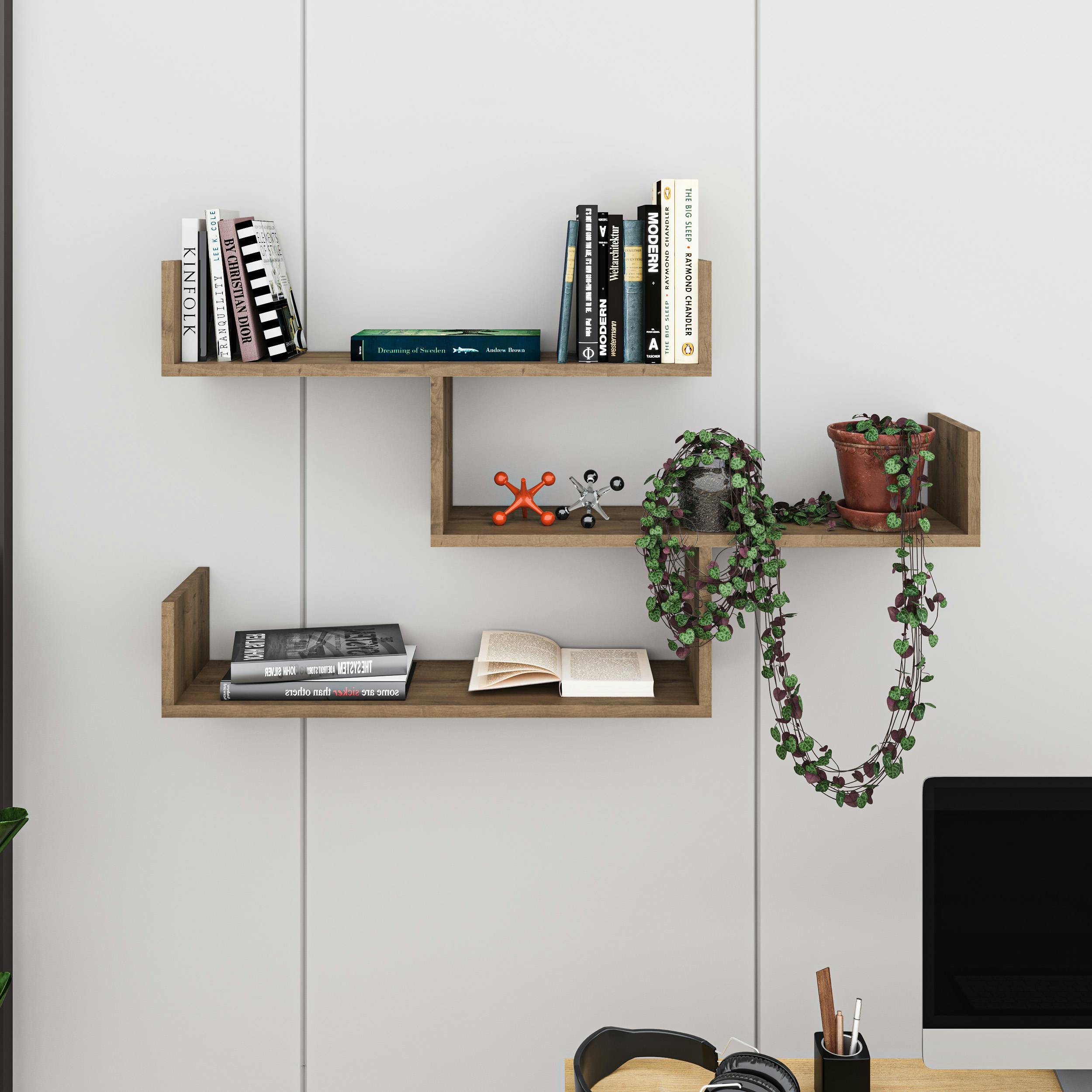 Decortie Dark Modern Tibet Wall Mounted Shelf Floating Bookcase Display Unit 66.5X119x22cm - Oak Effect