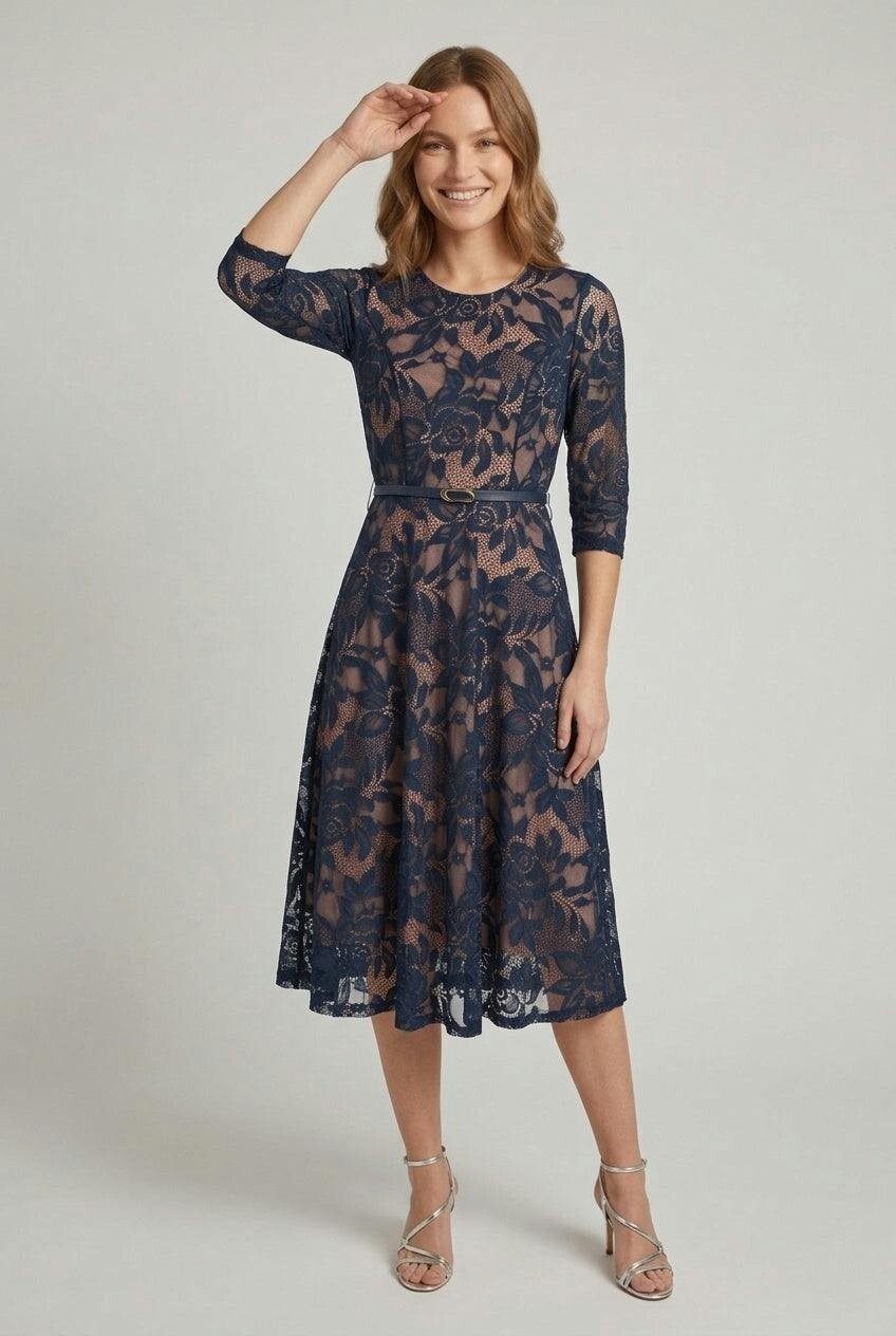 Izabel London Floral Mesh Layered Midi Skater Dress - 8 - Navy