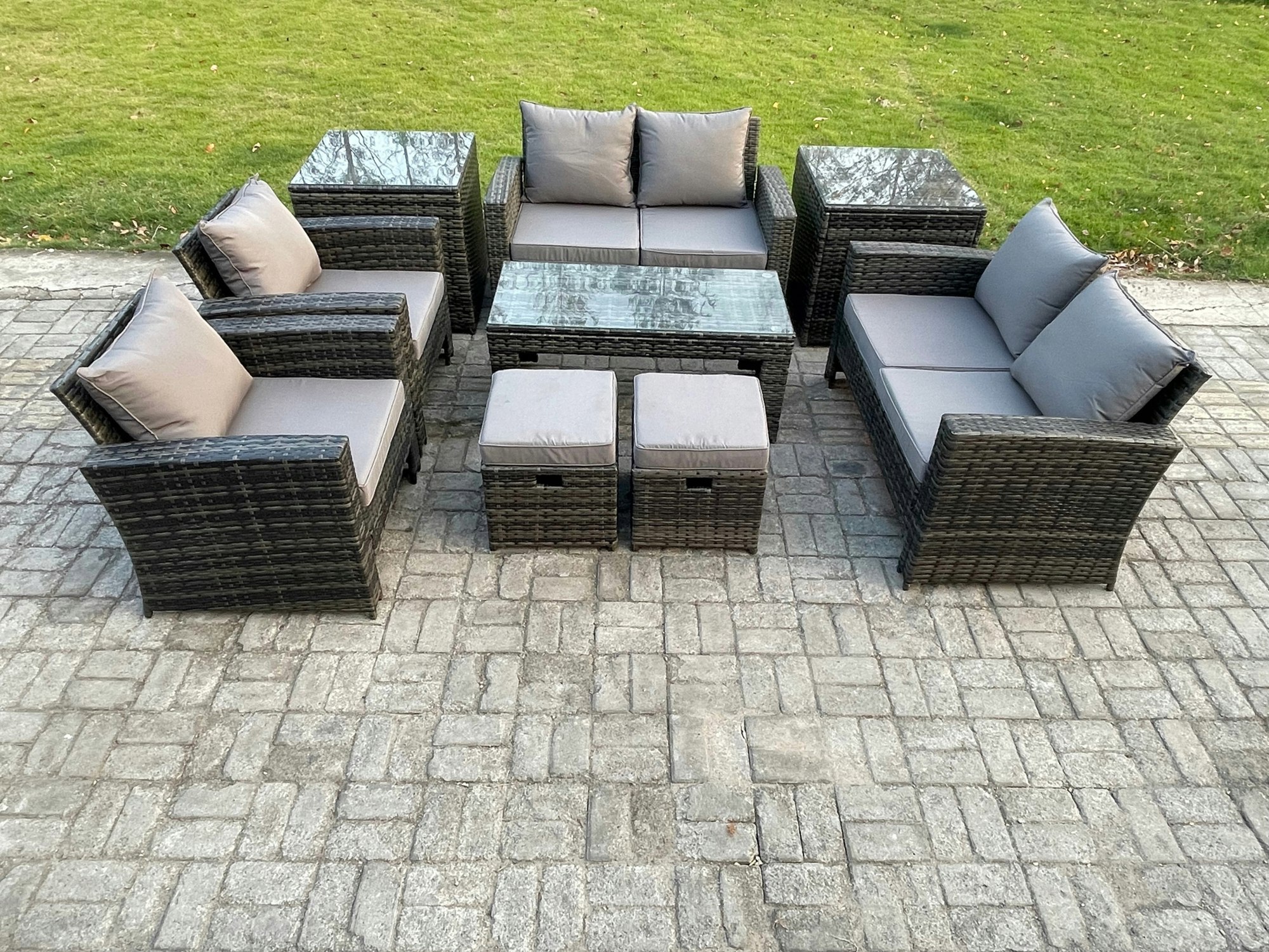 Fimous Dark/Grey 8 Seater Mixed High Back Rattan Outdoor Sofa Set - Coffee Table, Loveseat, Armchairs & 2 Side Tables