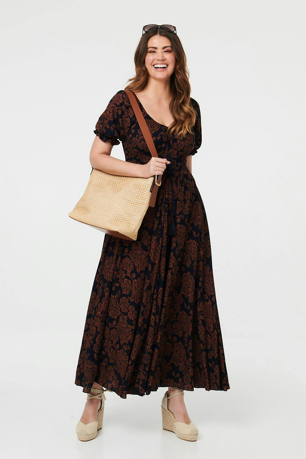Izabel London Black Paisley Short Puff Sleeve Maxi Dress - 18