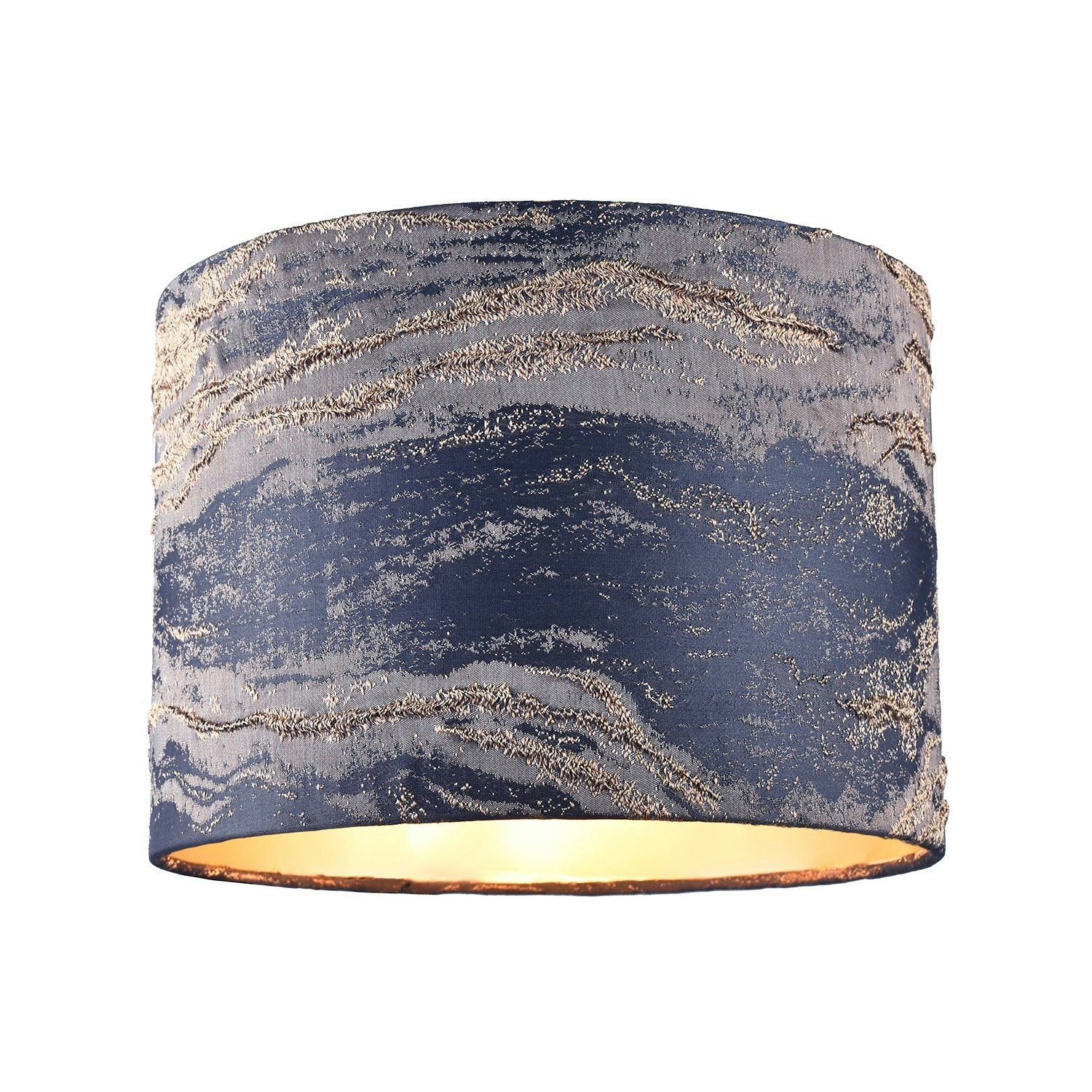 Happy Homewares Blue/Gold Navy Jacquard Cotton Lamp Shade With Leaf Foil Wavy Decor